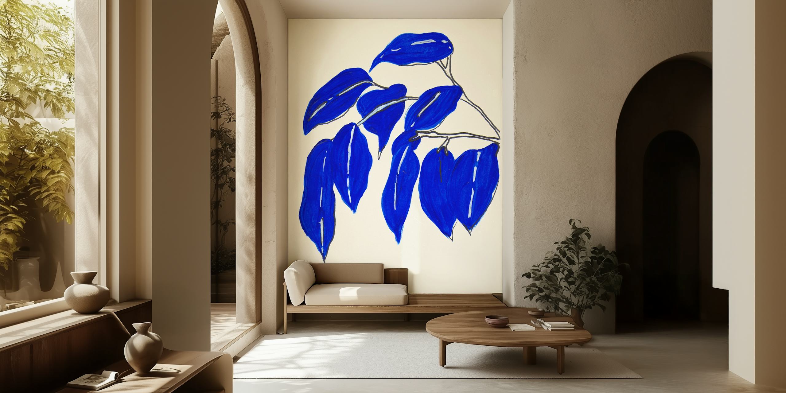 Abstract blue ficus leaves illustration on a wall mural
