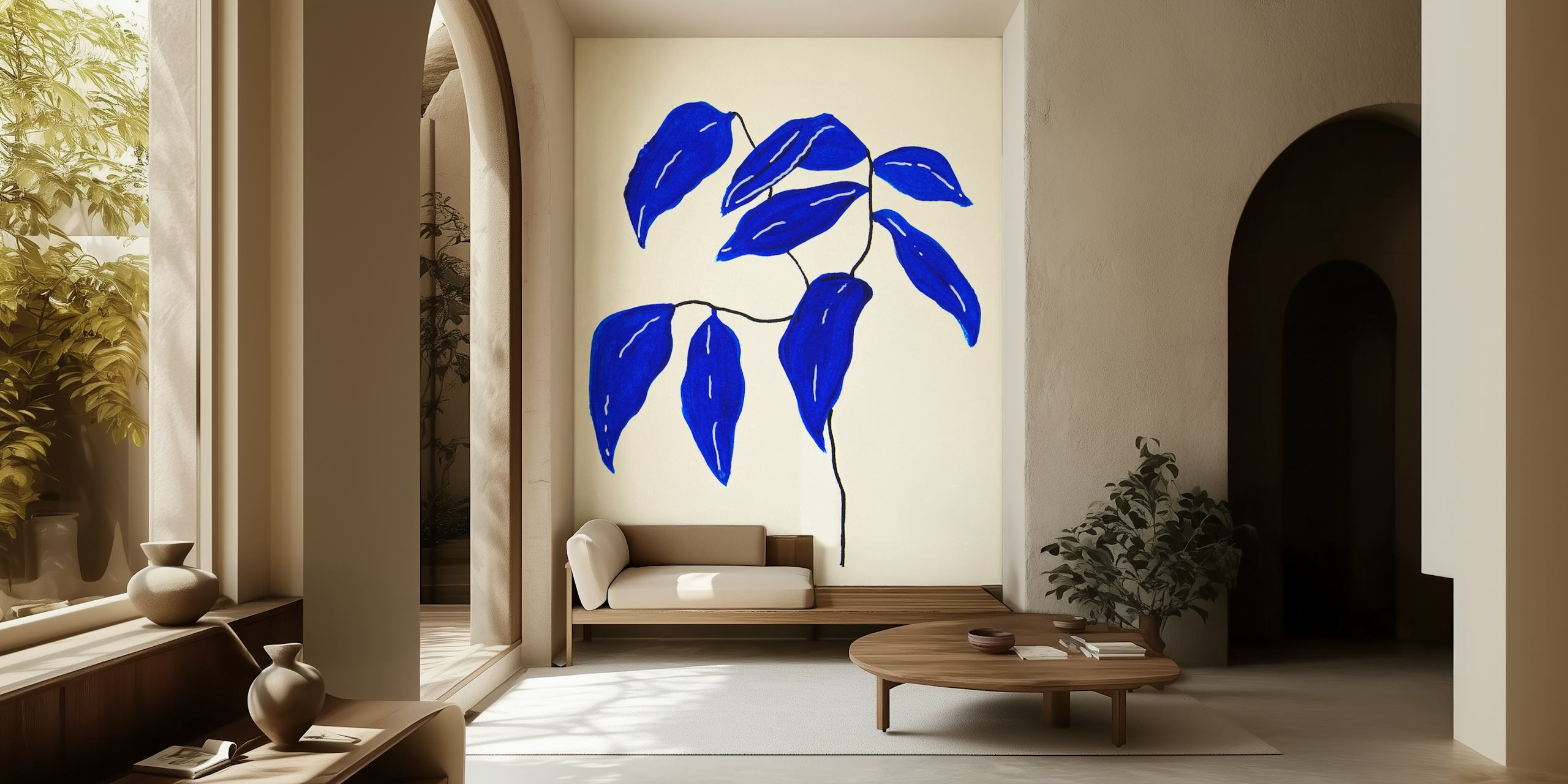Blue ficus leaves on a light background wallpaper