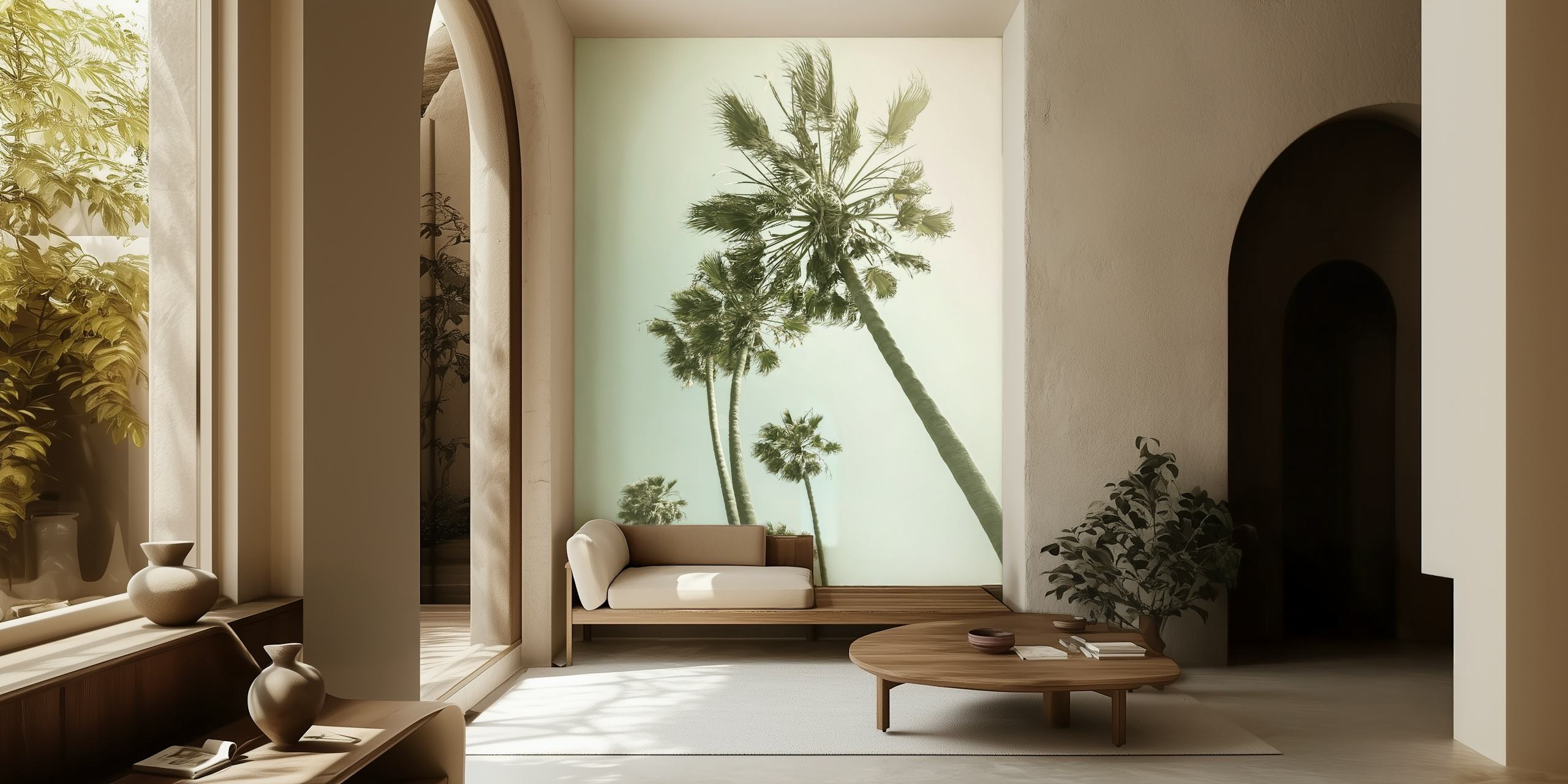 Sepia-toned vintage palm trees reaching into a sunlit sky mural
