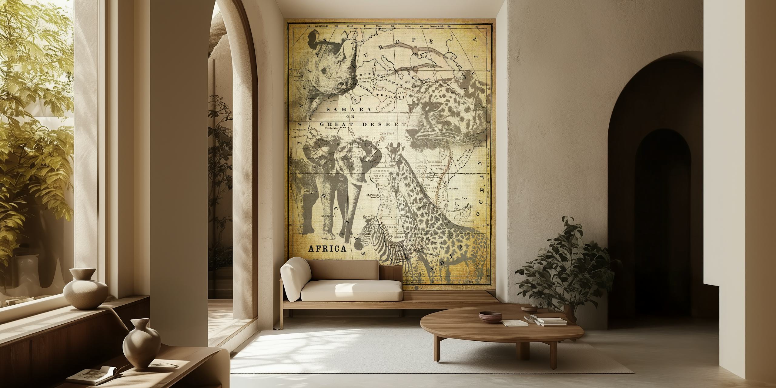 Vintage wildlife map featuring elephants, giraffes, leopards, and zebras in sepia tones wallpaper