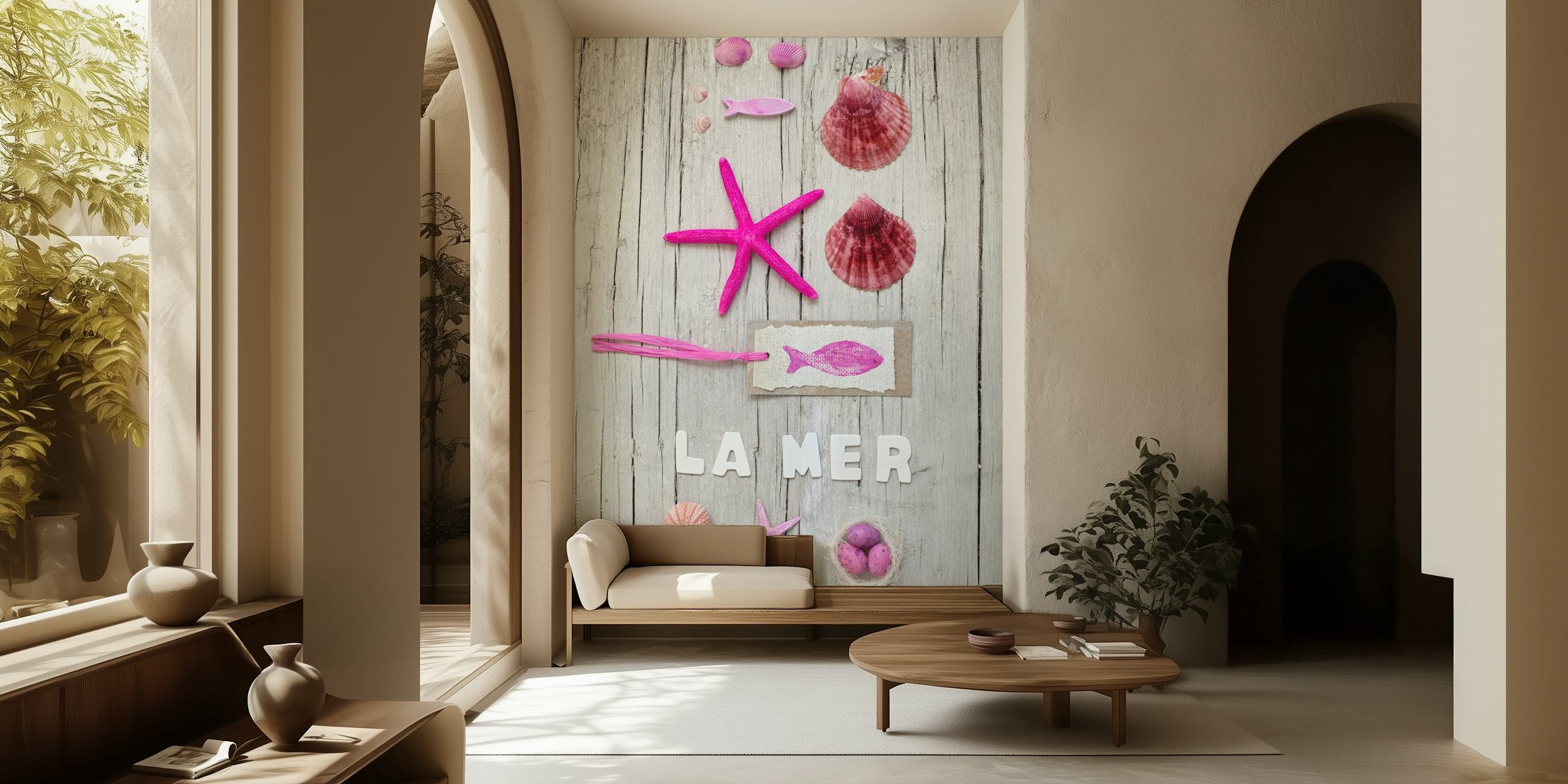 La Mer Pink Beach Collage wallpaper in a room