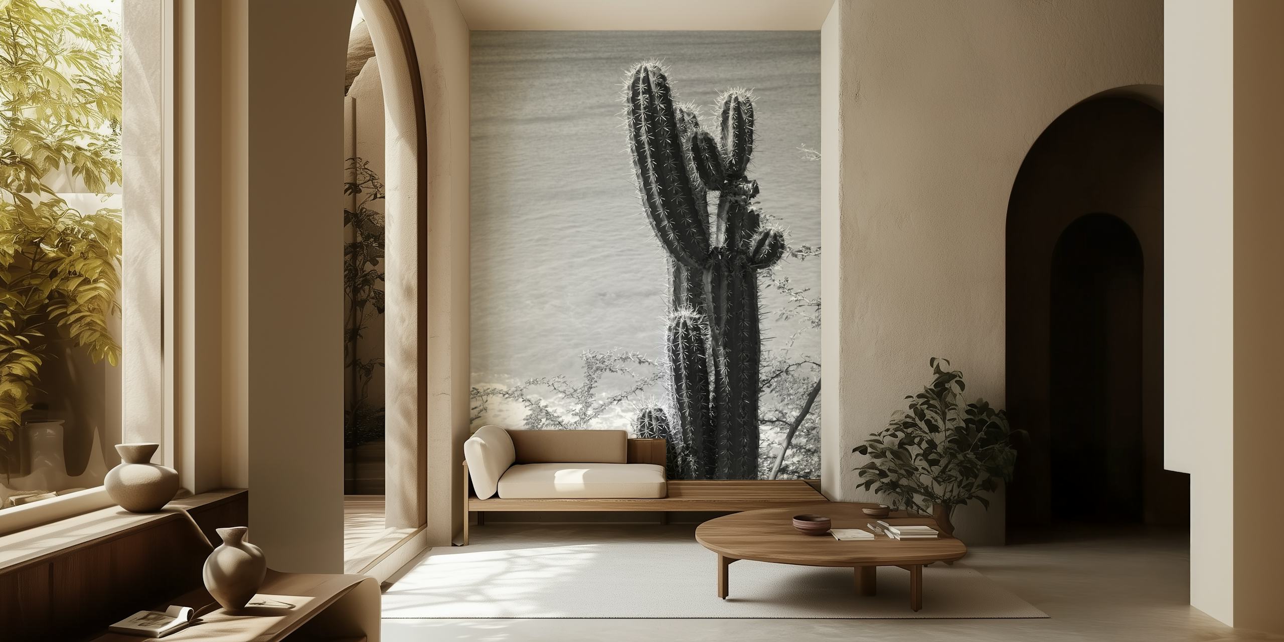 Black and white cactus against the ocean view wallpaper