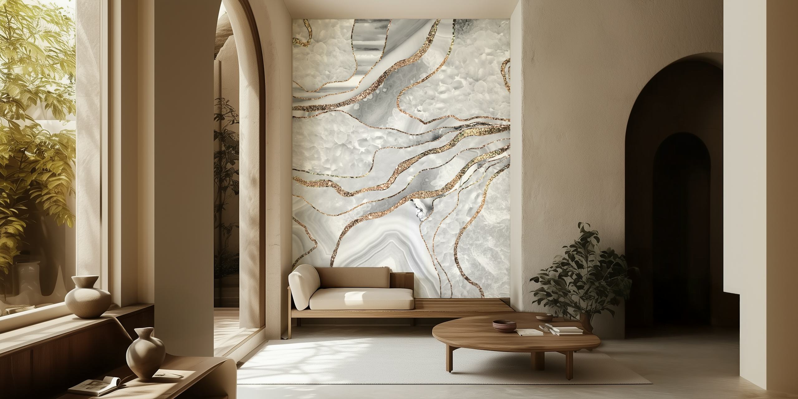 White and gold agate-patterned wall mural with glitter accents