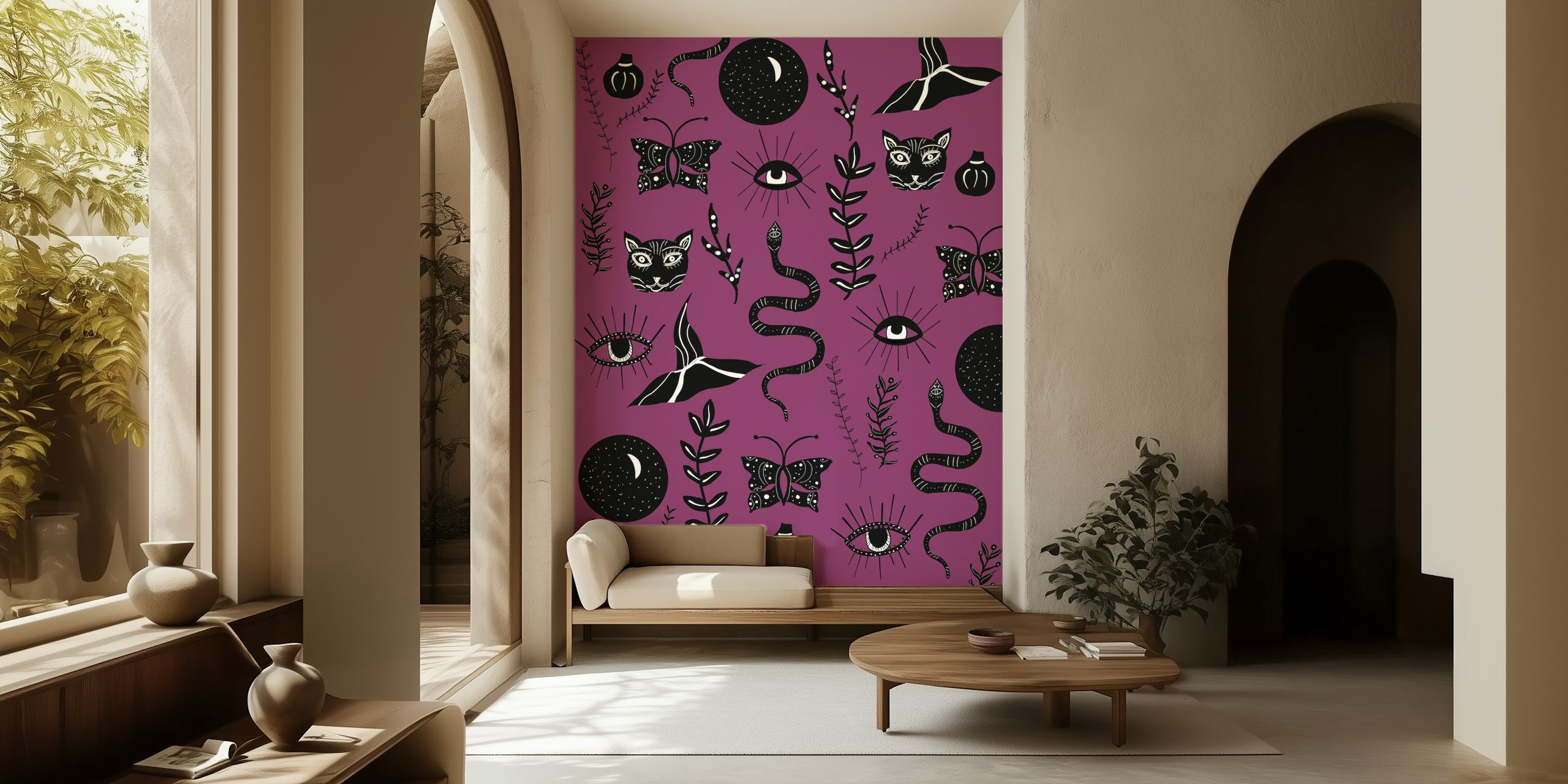 Halloween wallpaper featuring black cats, eyes, snakes, and butterflies on purple background
