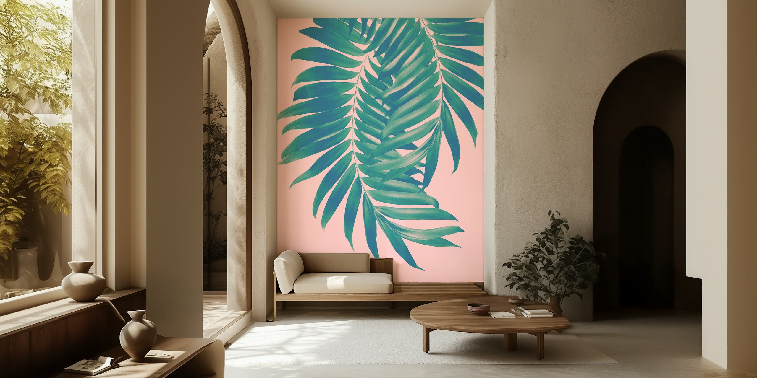 Tropical palm leaves on blush pink background wallpaper