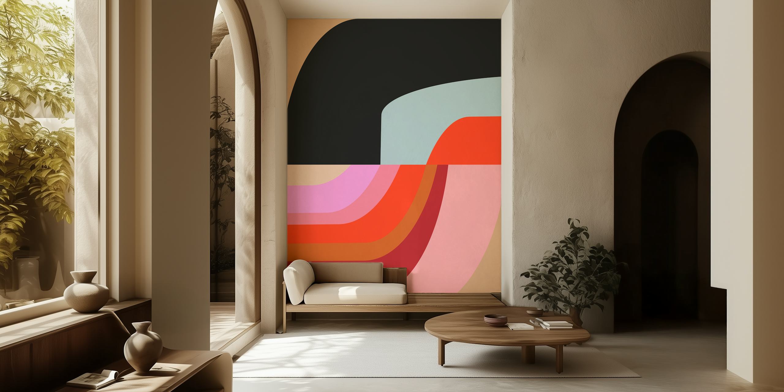 Colorful abstract waves in pink, red, black, and blue wallpaper