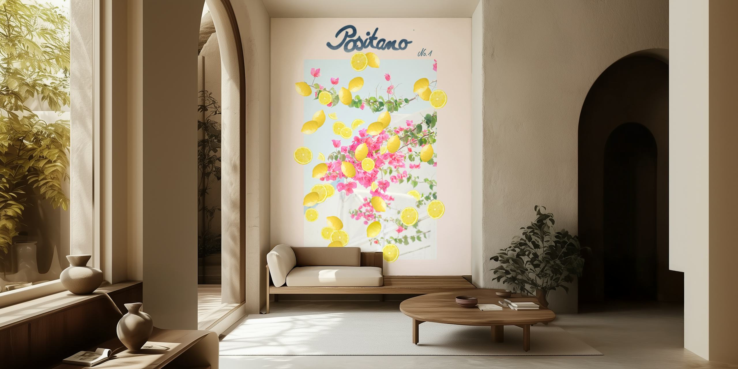Pink floral wallpaper with lemons and green leaves design