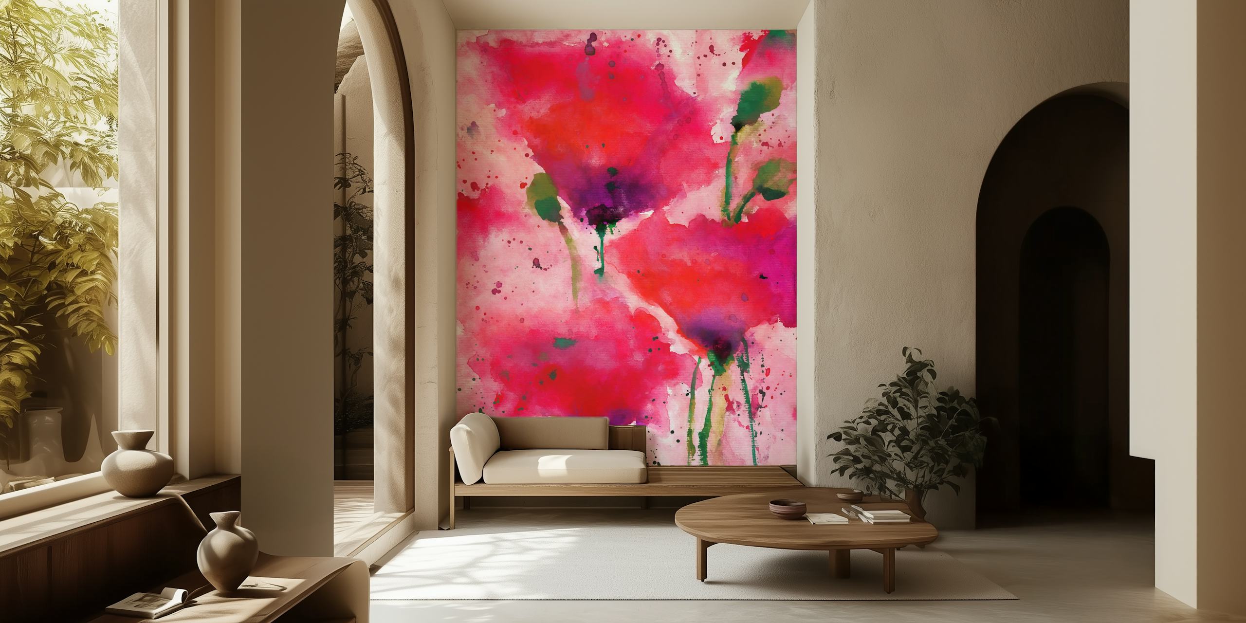 Red flowers wallpaper in a room