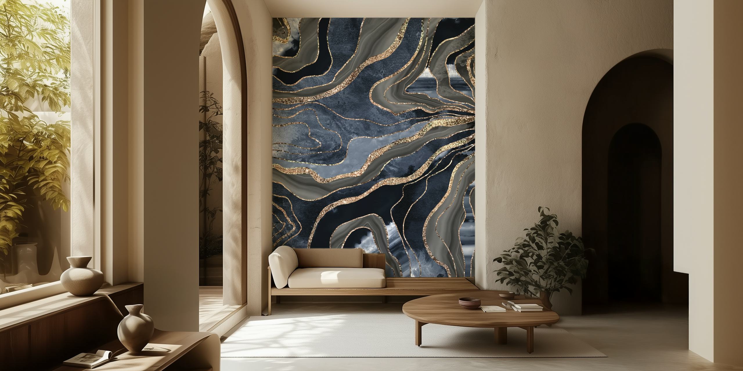 Marble pattern in blue, black, and gold wallpaper