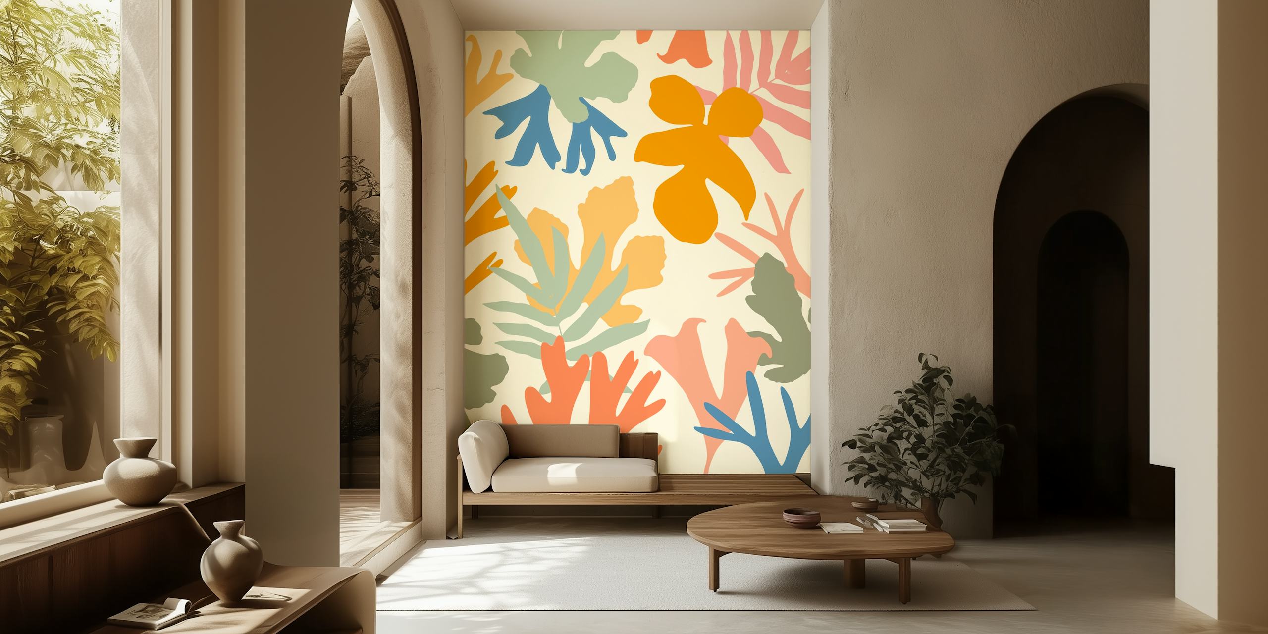 Colorful abstract botanical leaves wall mural perfect for adding a natural artistic touch to interiors.