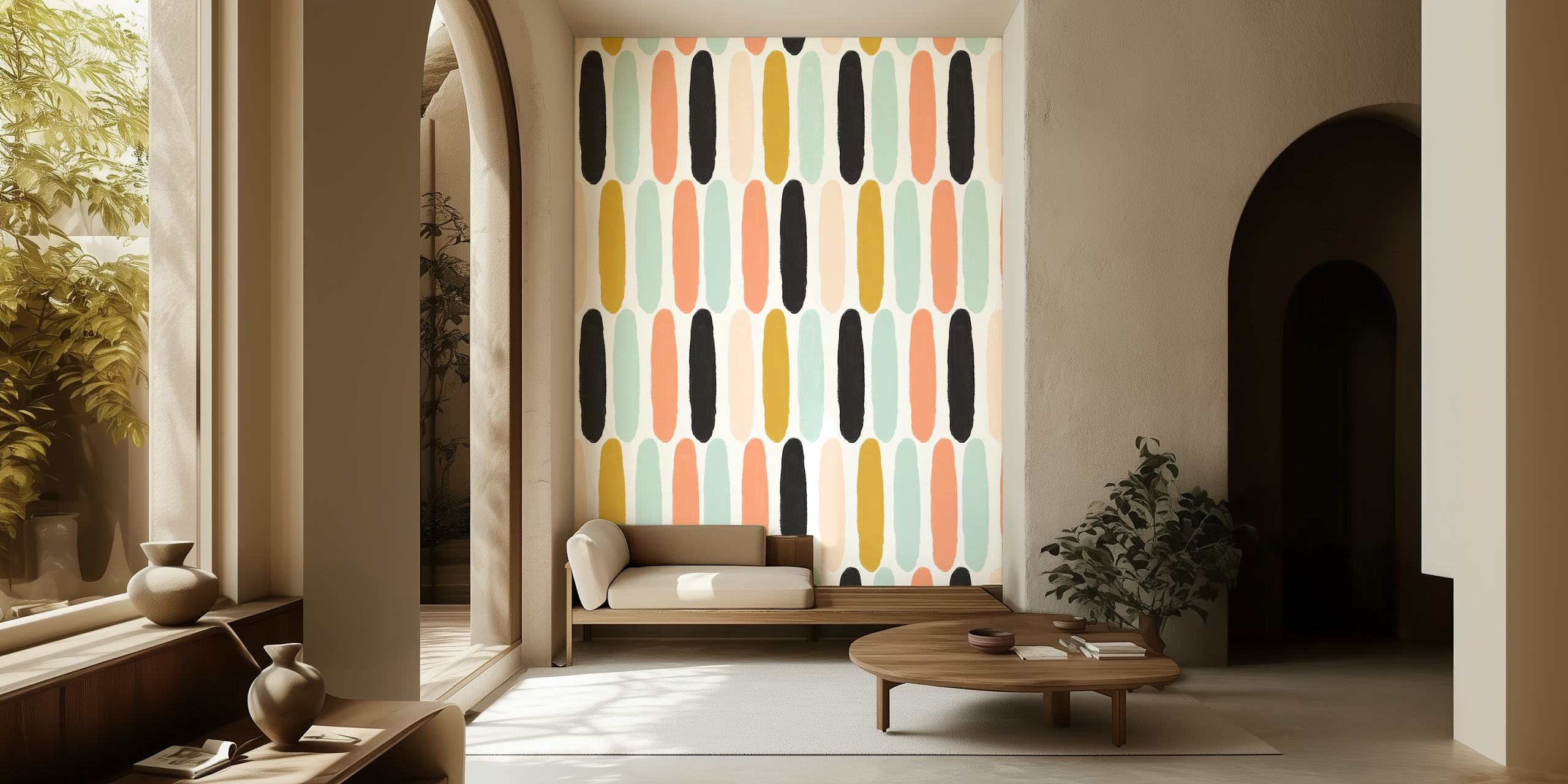 Colorful Scandinavian wallpaper with stripes in peach, black, mint green, and tan