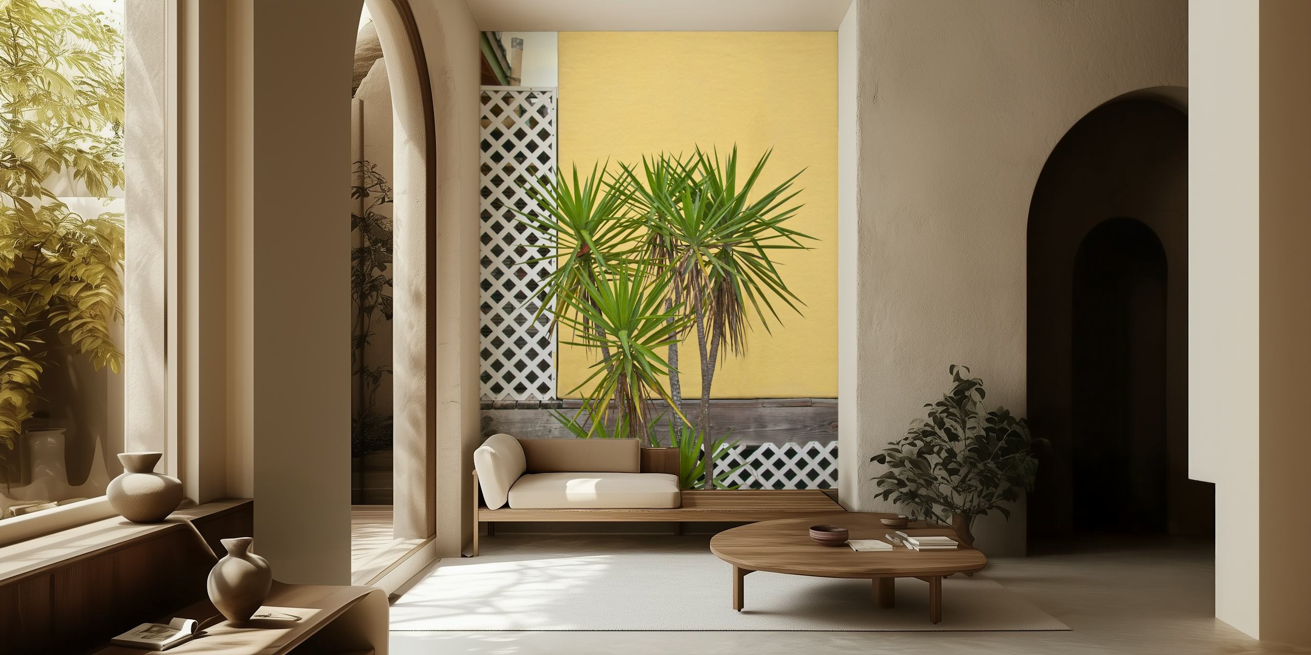 Palm meets yellow wall wallpaper in a room