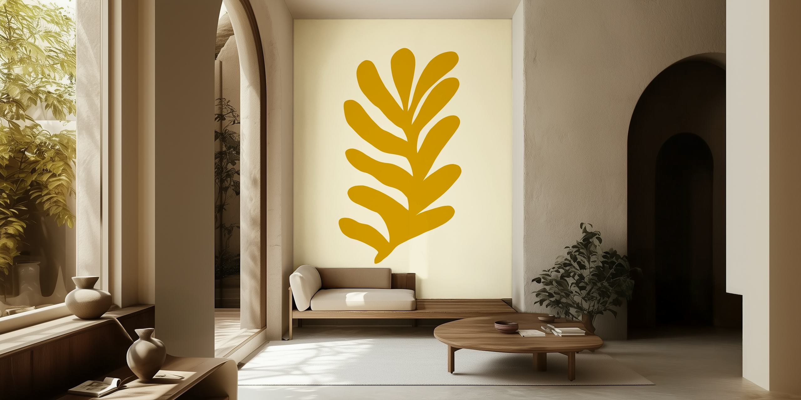 Abstract ochre leaf design on cream background wallpaper