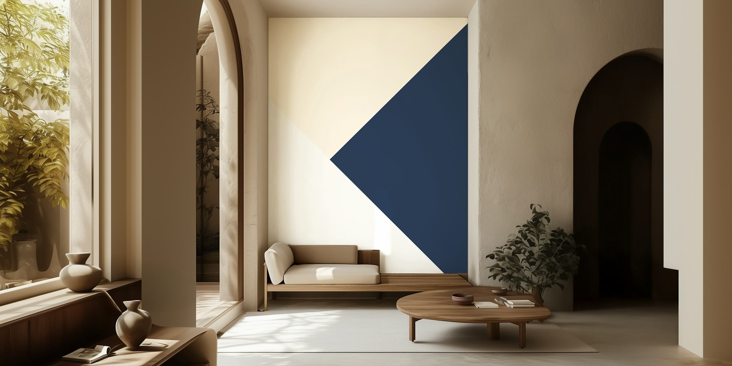Geometric shapes in blush pink, blue, and white wallpaper