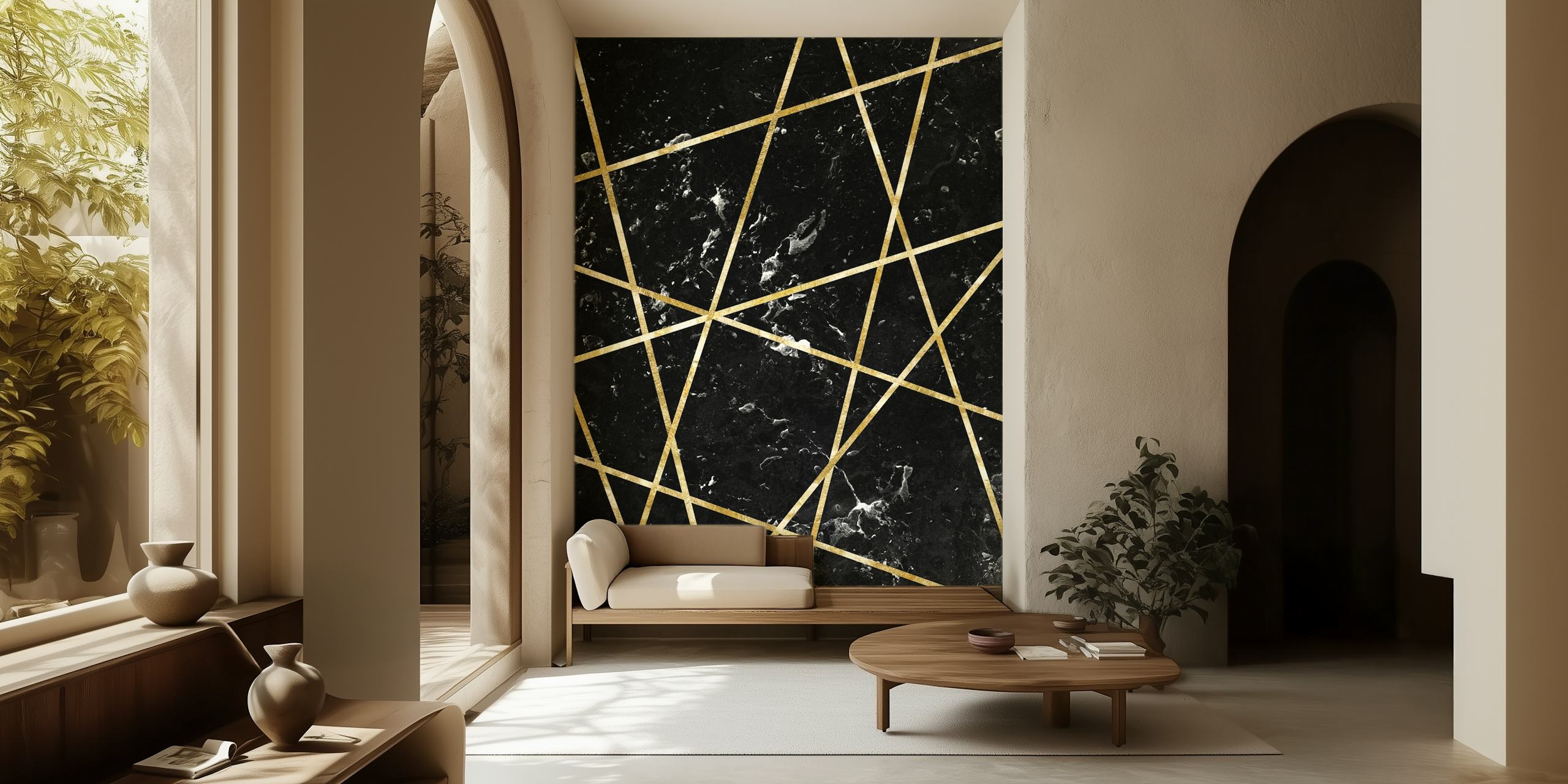 Papier peint Black marble avec motif géométrique doré