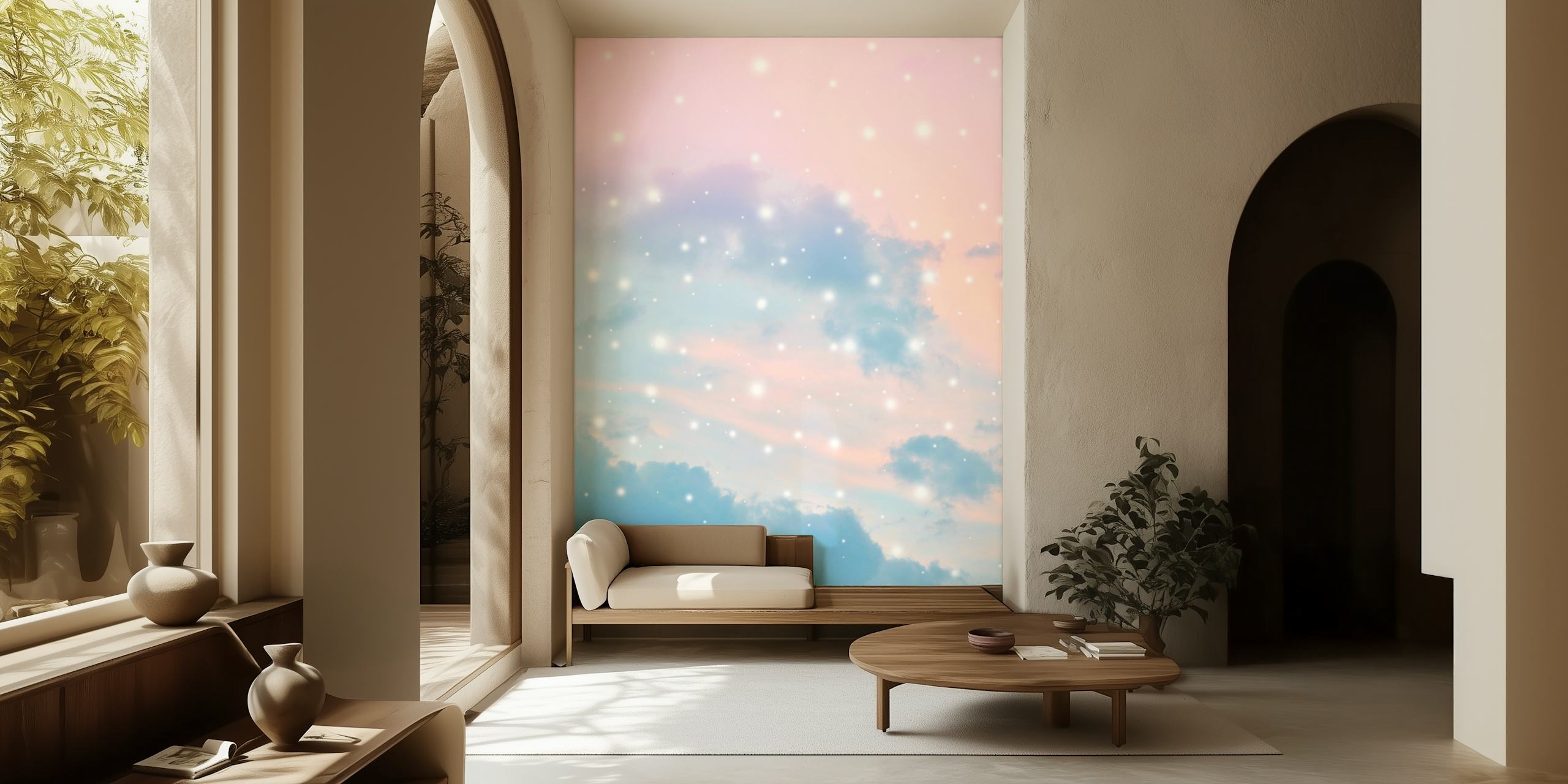 Pastel Cosmos Dream 2 tapeta v pastelově růžové a modré s jemným leskem