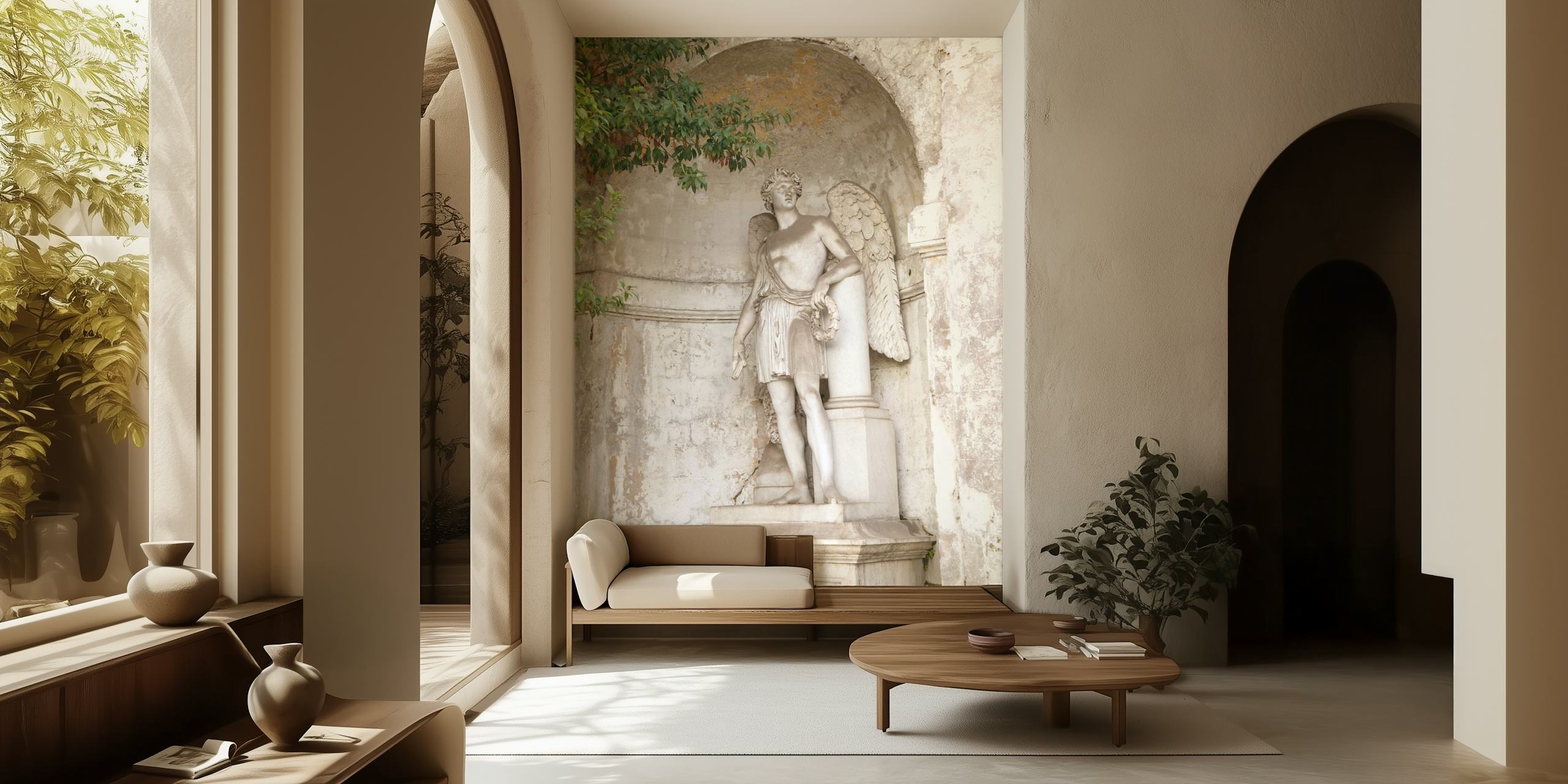 Classical angel statue in white stone with decorative background wallpaper