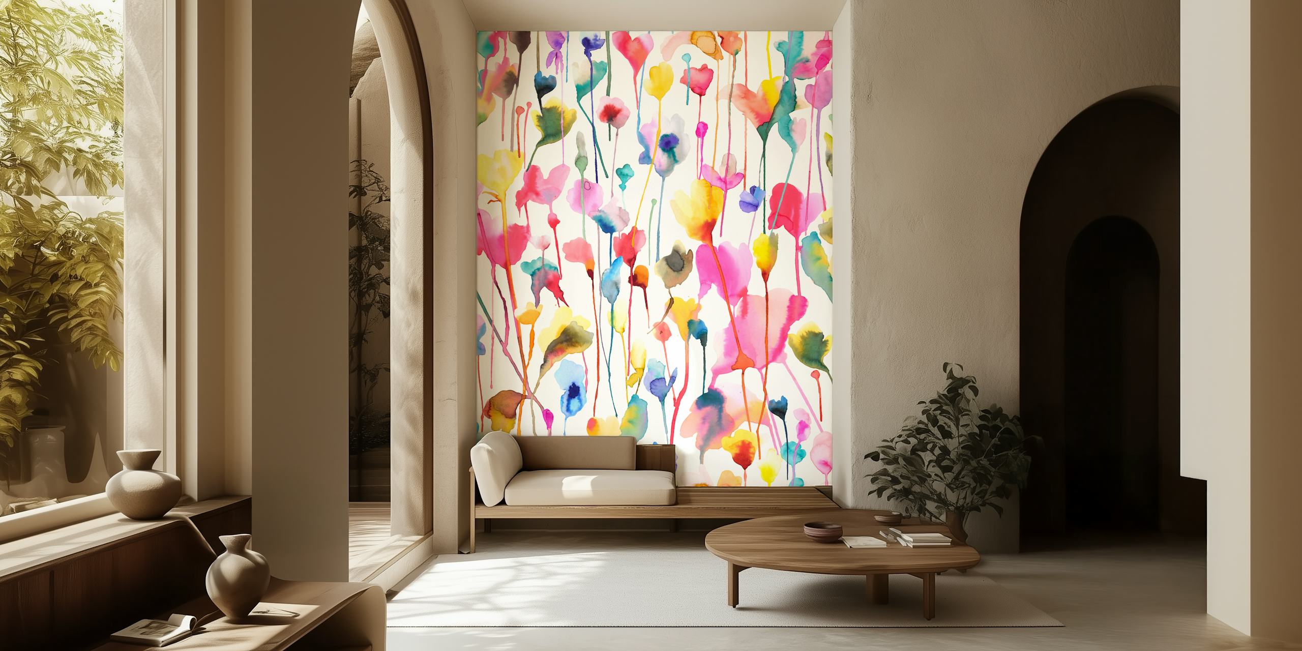 Colorful watercolor wildflowers with pink, yellow, blue hues floral wallpaper