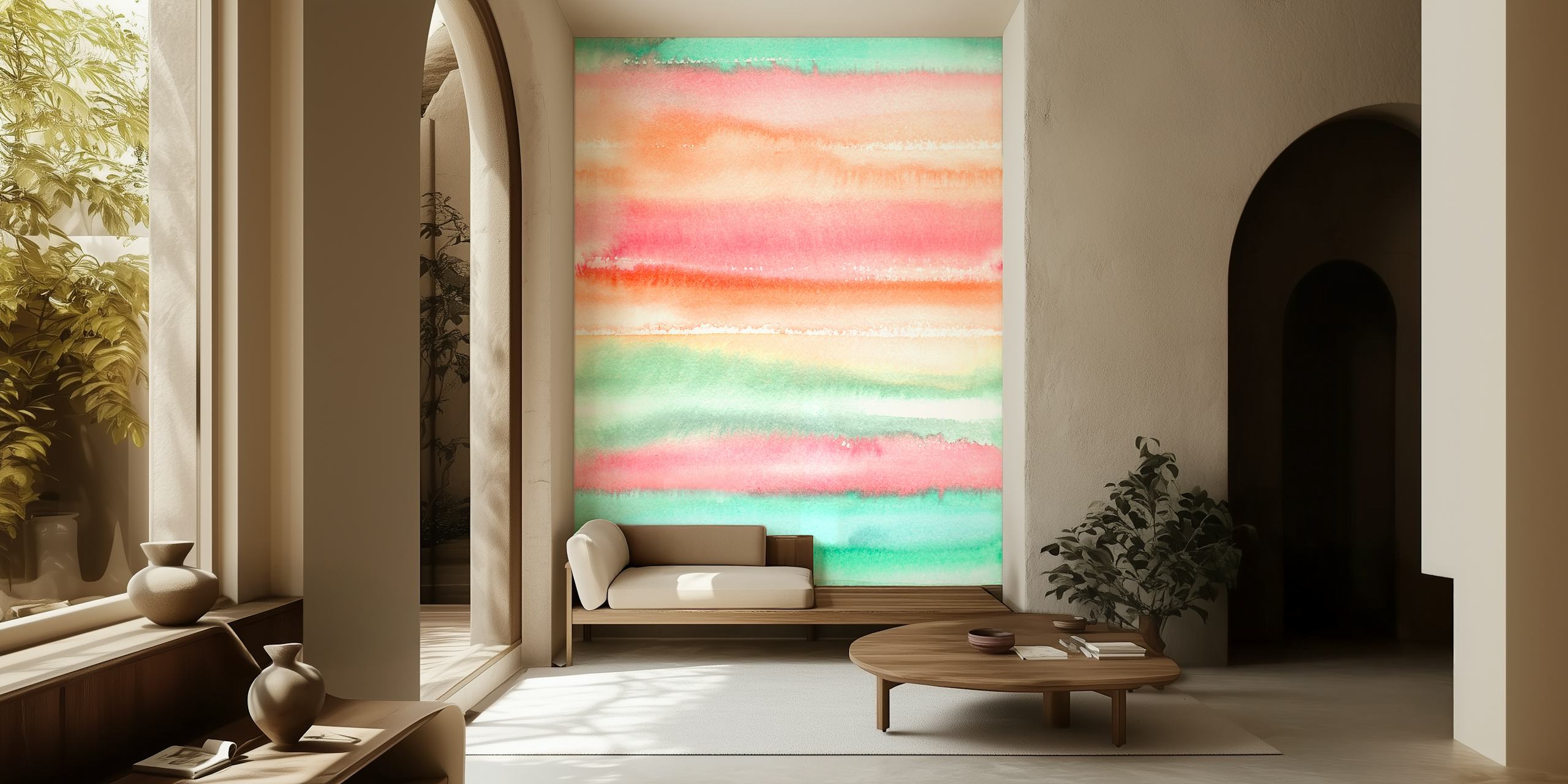 Ombre Watercolor Orange Green wallpaper in a room