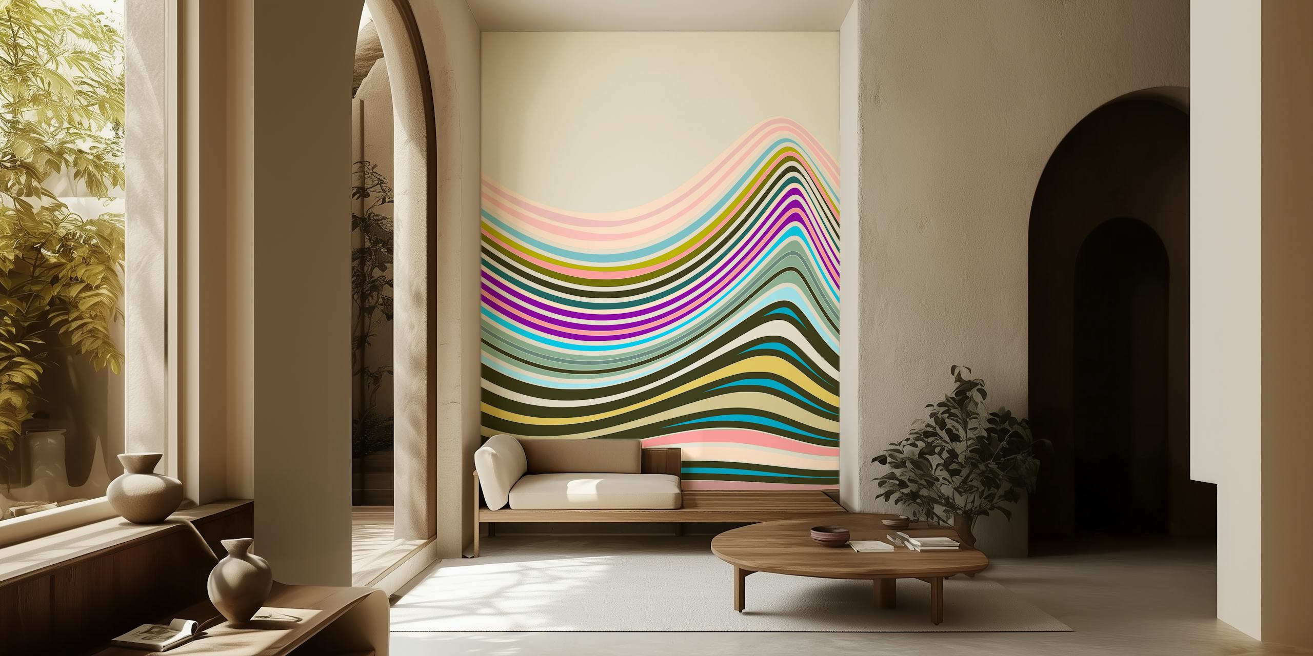 Wavy striped design in multicolor tones including pink, purple, and teal wallpaper.