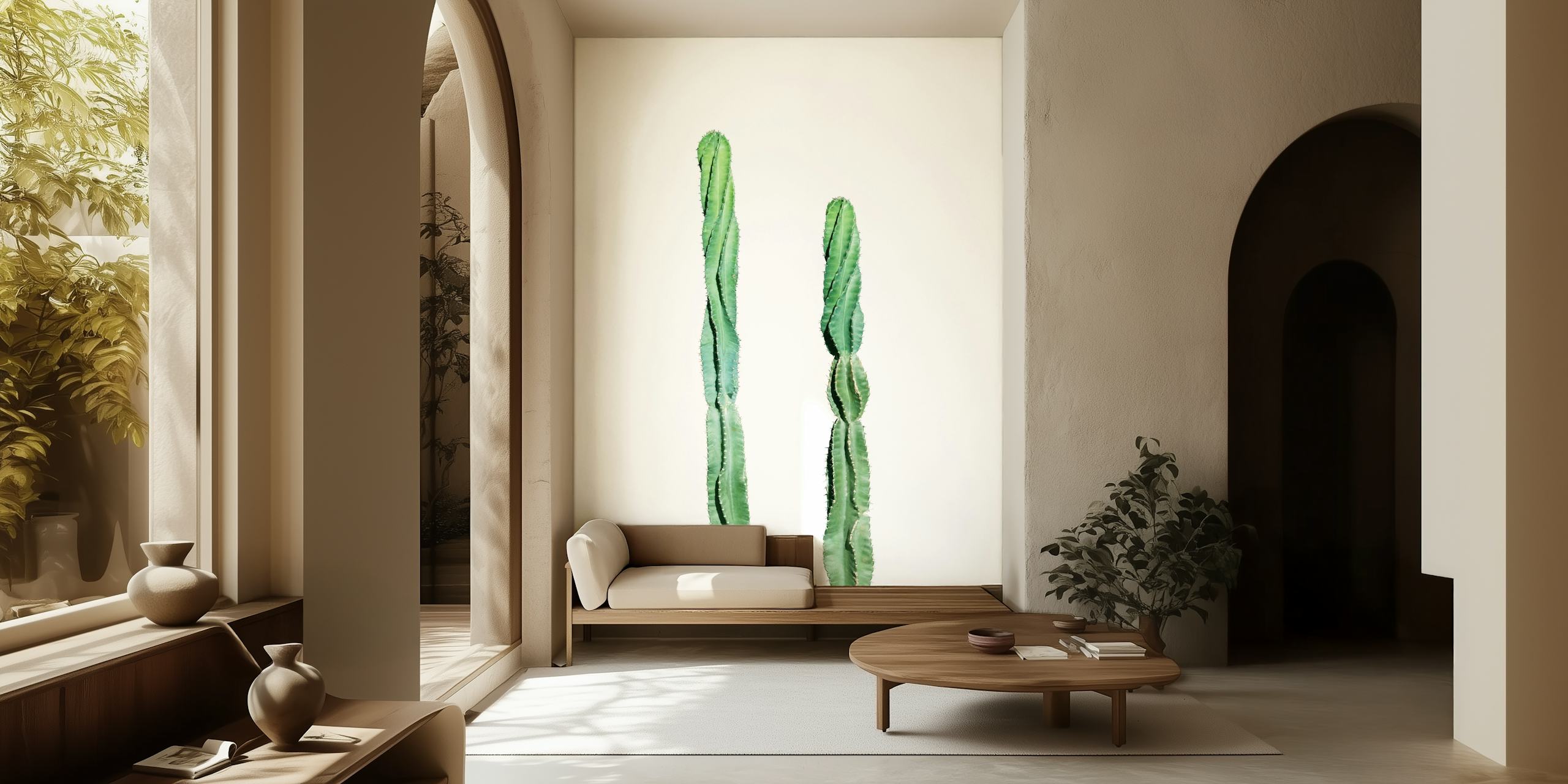 Mexican Cacti Dream 2 wall mural with a minimalistic design of tall green cacti on a clear background