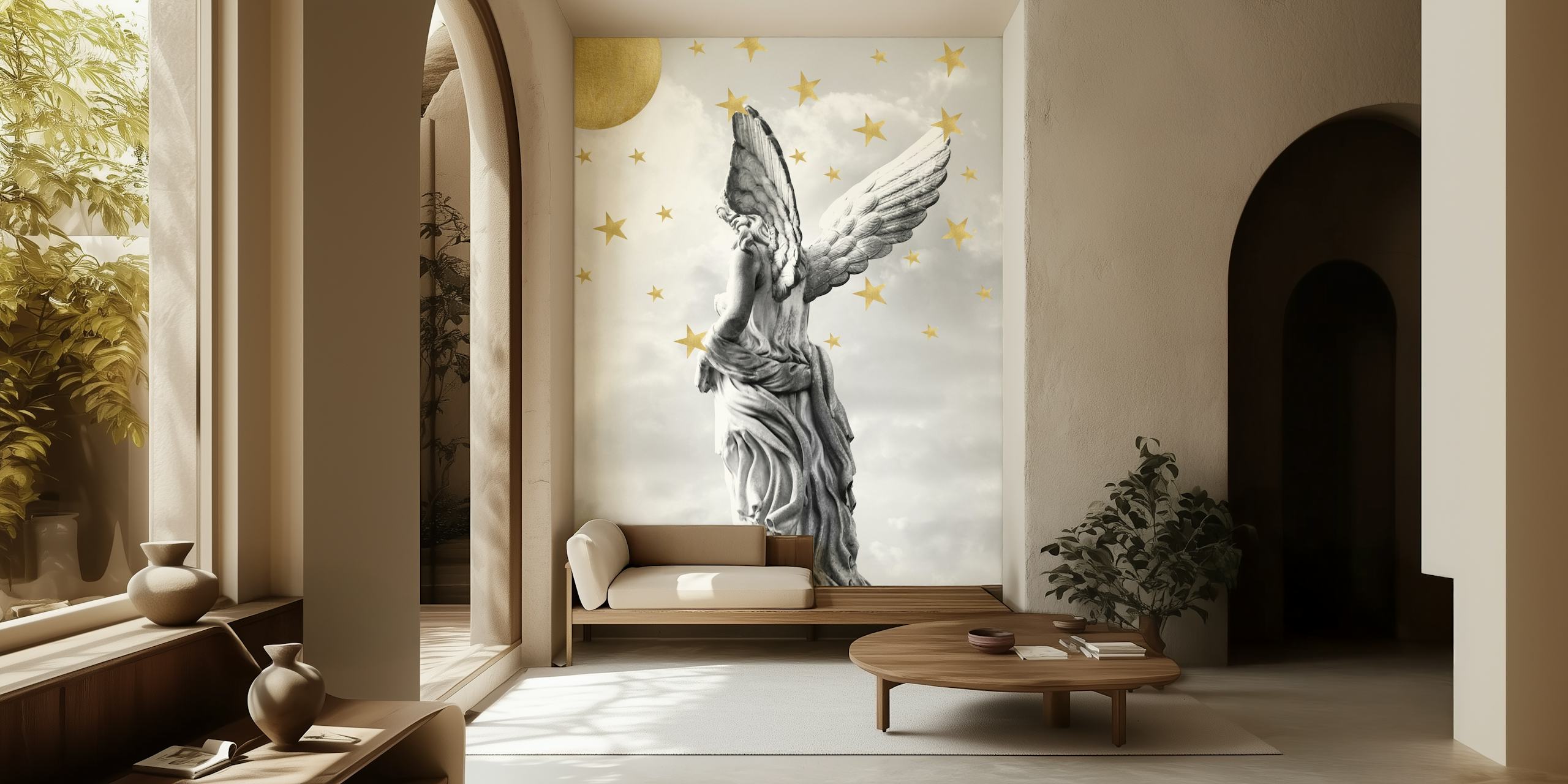Angel statue with wings and stars against a gray background wallpaper