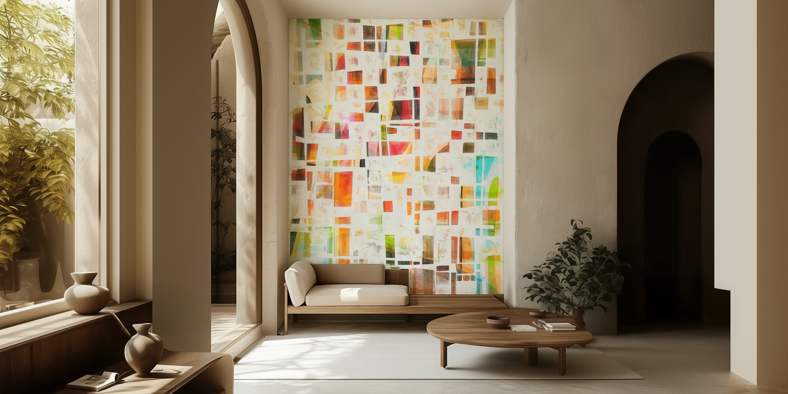 Colorful geometric pattern wallpaper with rectangles in varied hues