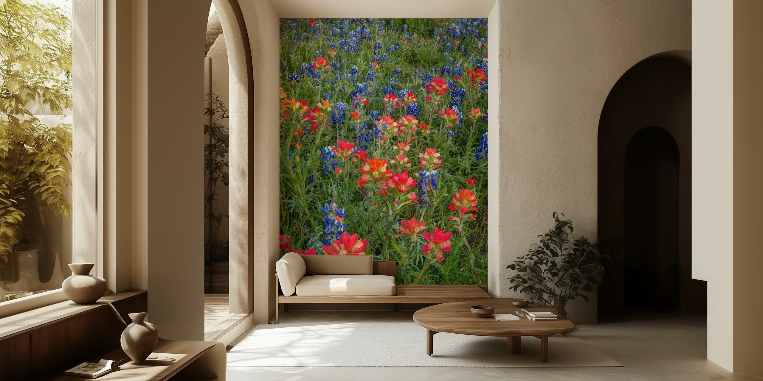 Bluebonnets og indisk Paintbrush-veggmaleri i et felt