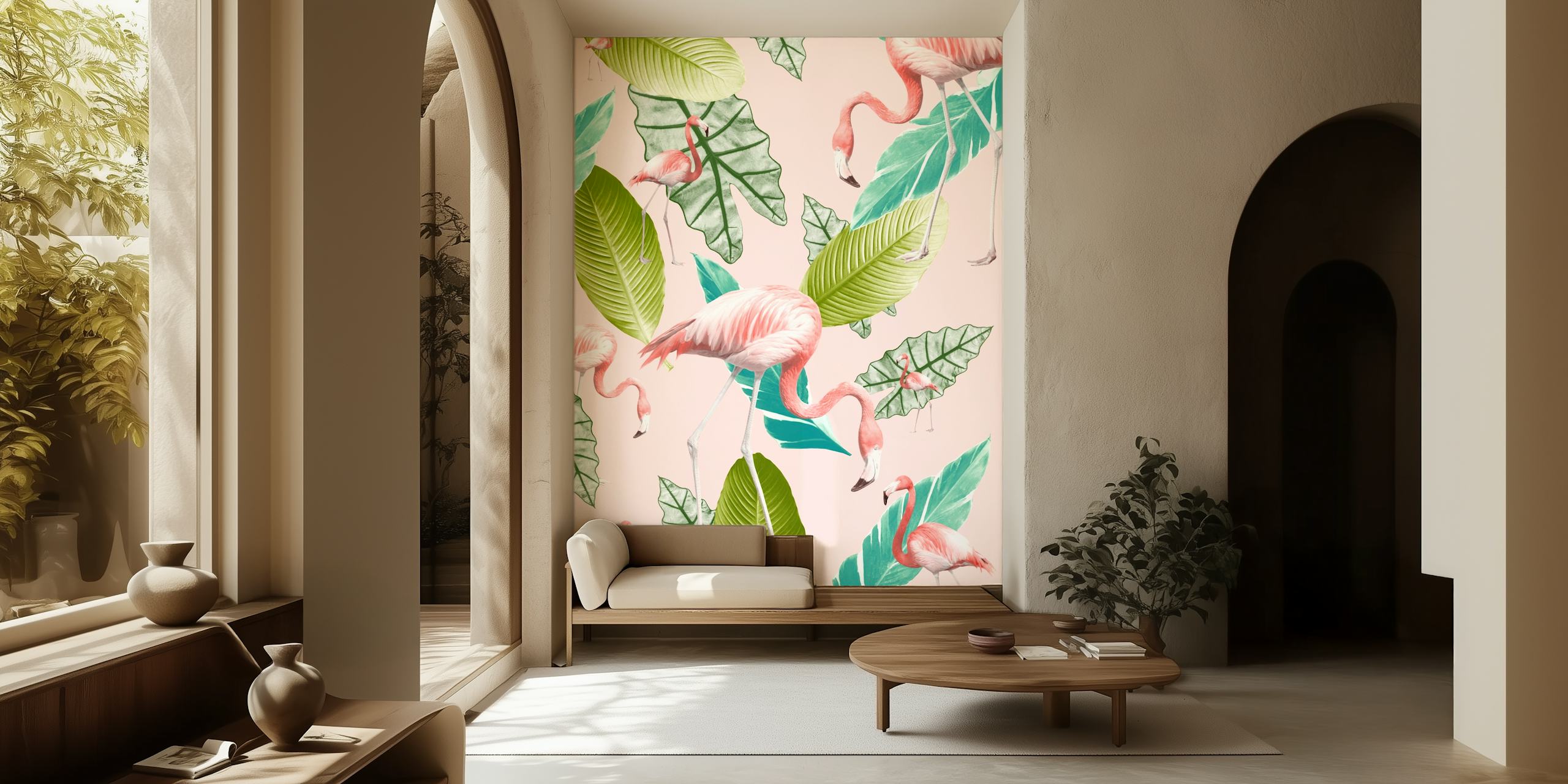 Pastelowo różowa fototapeta z flamingami i tropikalnymi liśćmi