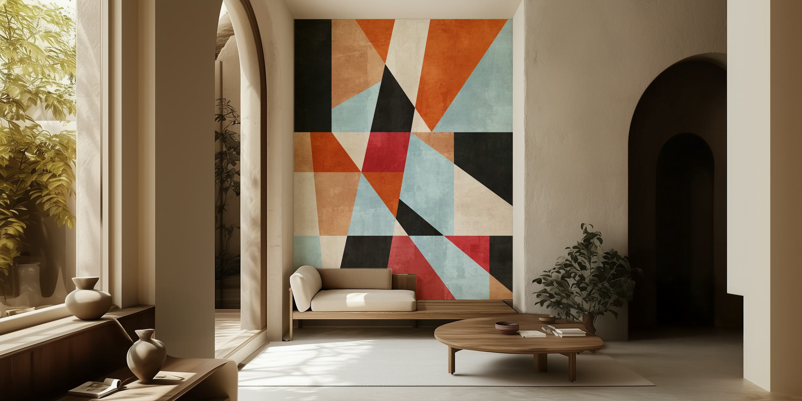 Colorful geometric patterns in orange, blue, black, and cream wallpaper