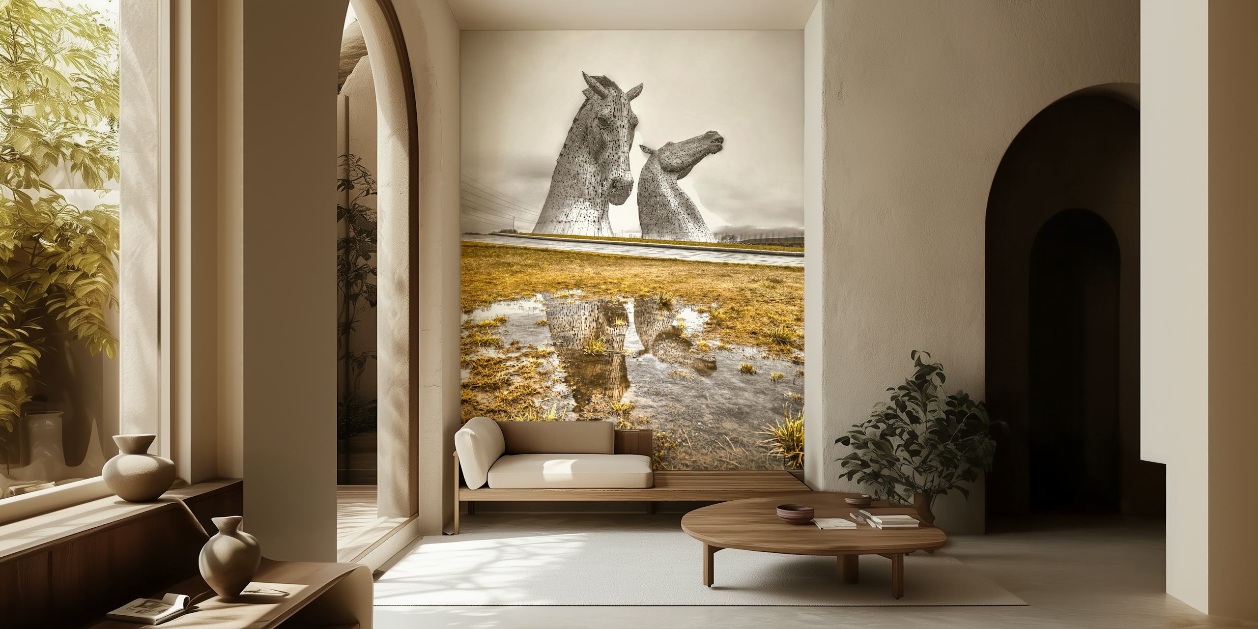 Murale in tonalità seppia delle sculture di cavalli dei Kelpies