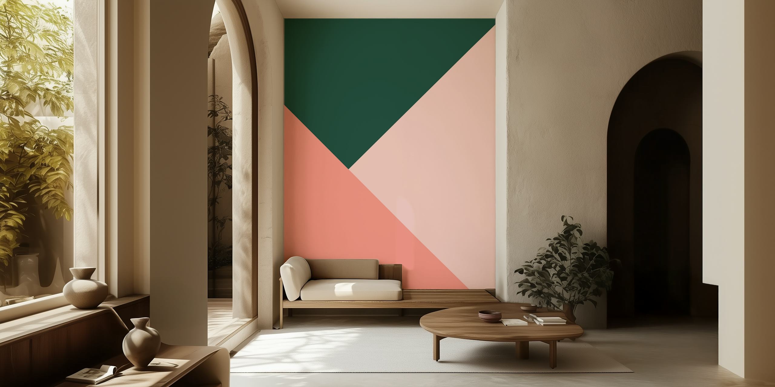Geometric triangles in pink, green, and beige wallpaper