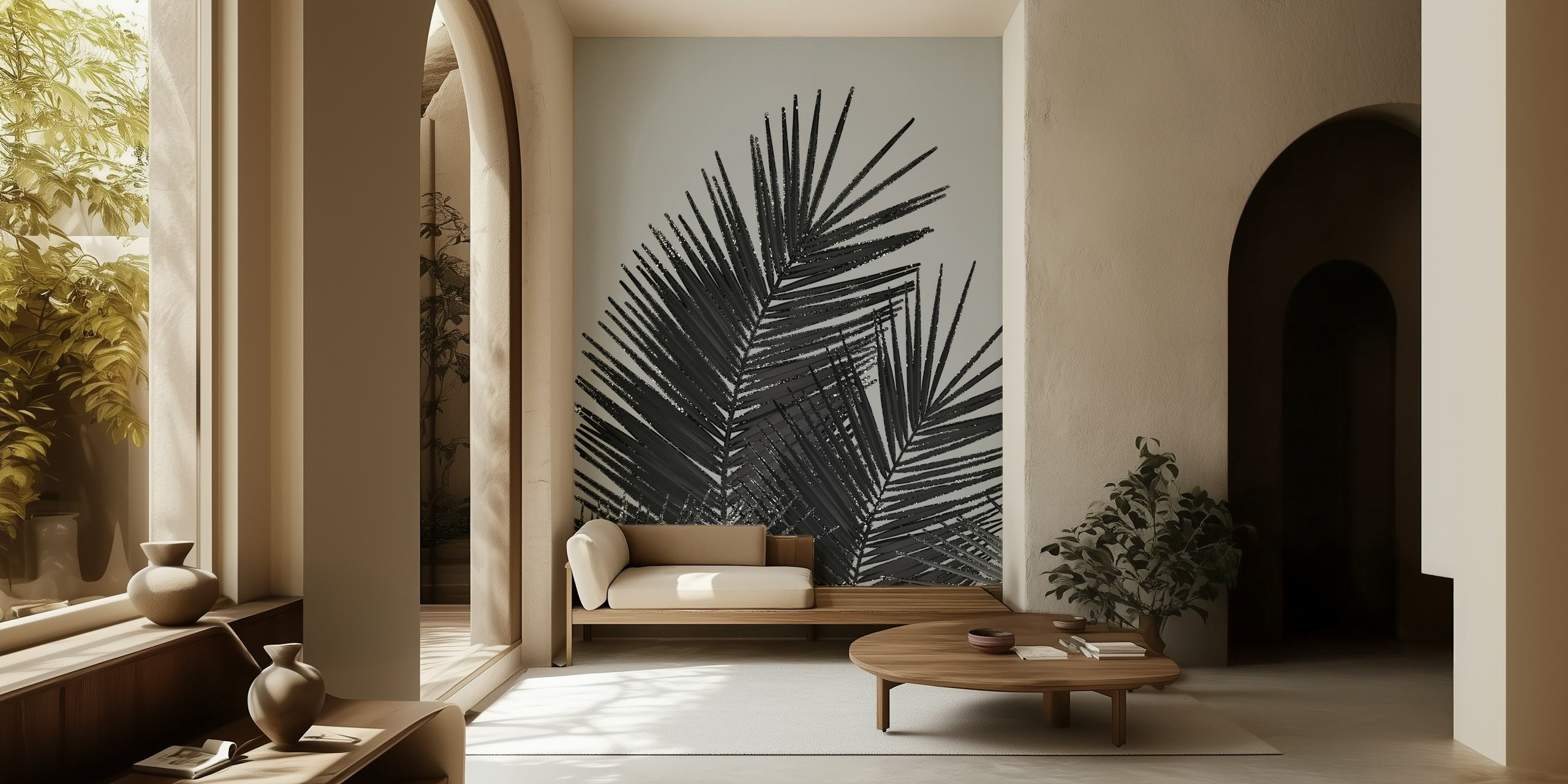 Folhas de palma pretas em um ambiente moderno
