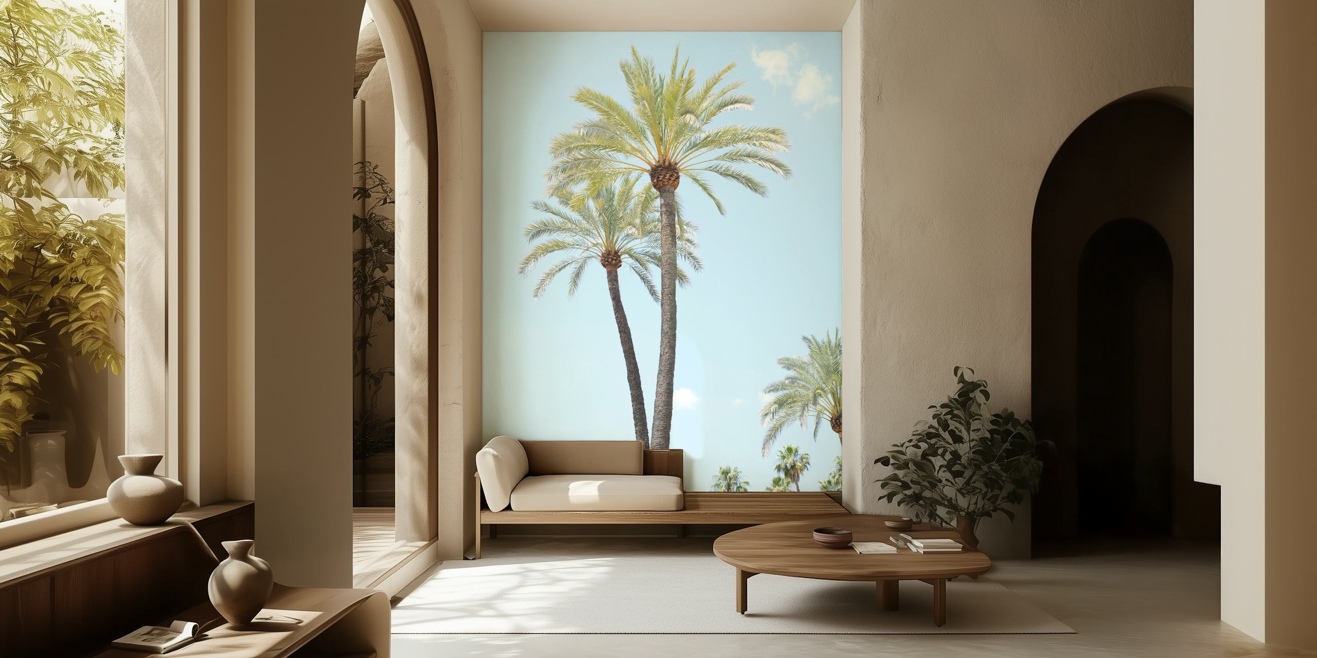 A tall palm tree mural with lush green foliage against a clear blue sky.