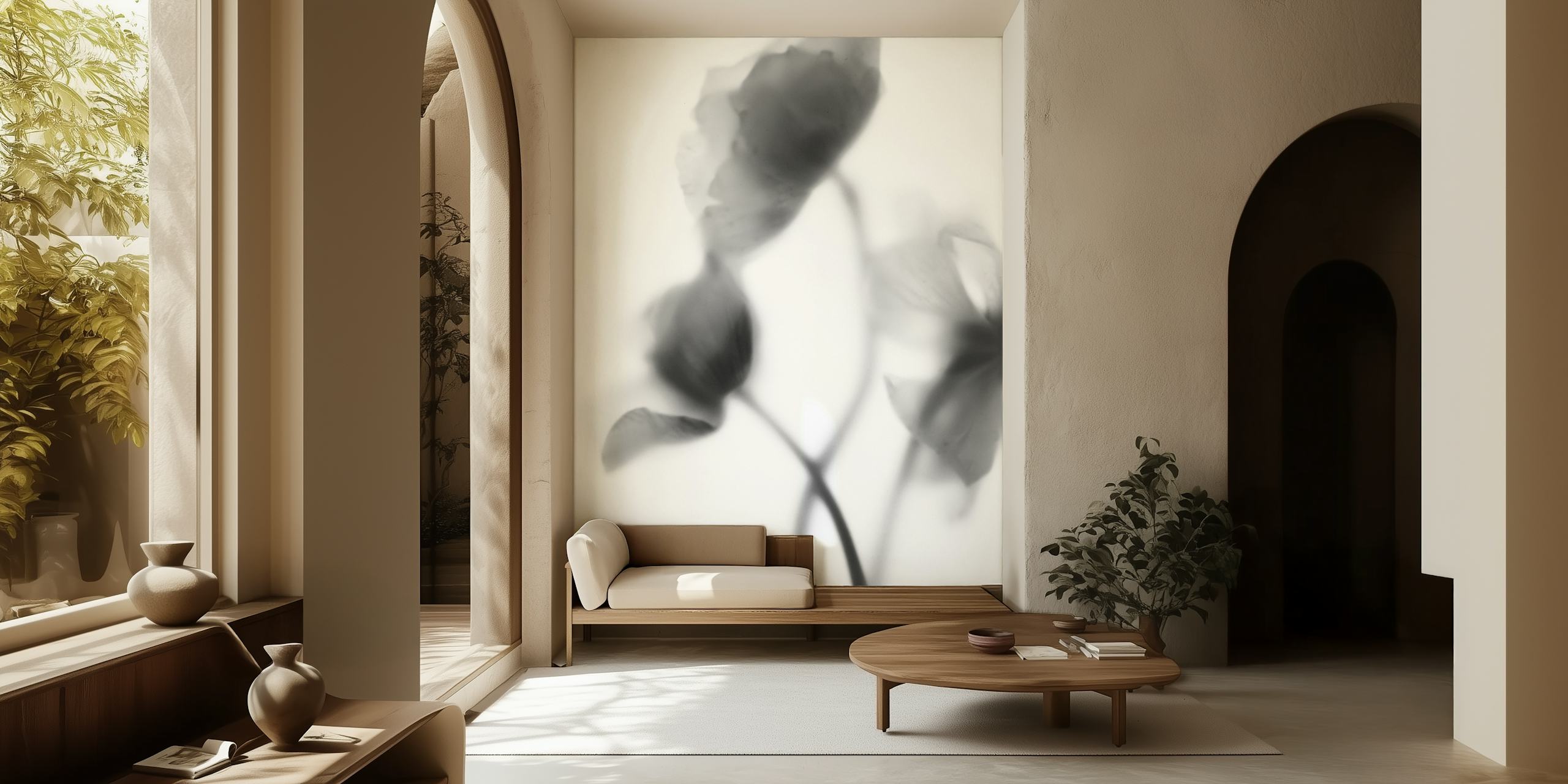 Papier peint abstrait coquelicots en niveaux de gris pour décoration intérieure