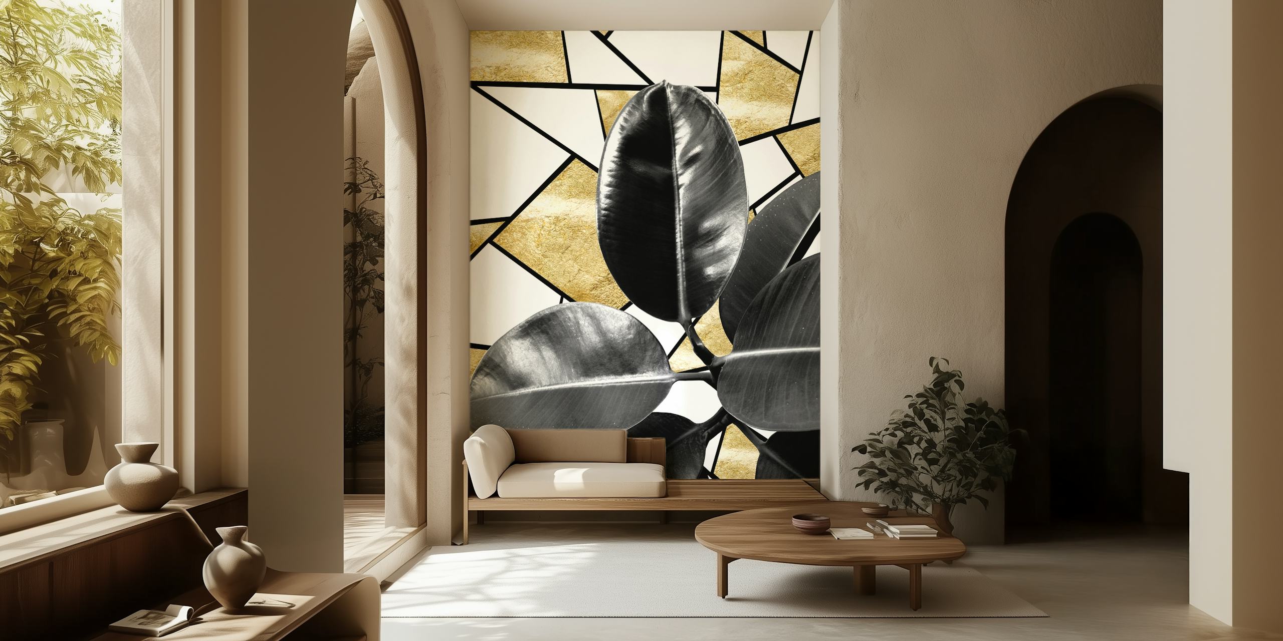 Ficus Elastica leaves with gold geometric patterns on a wall mural