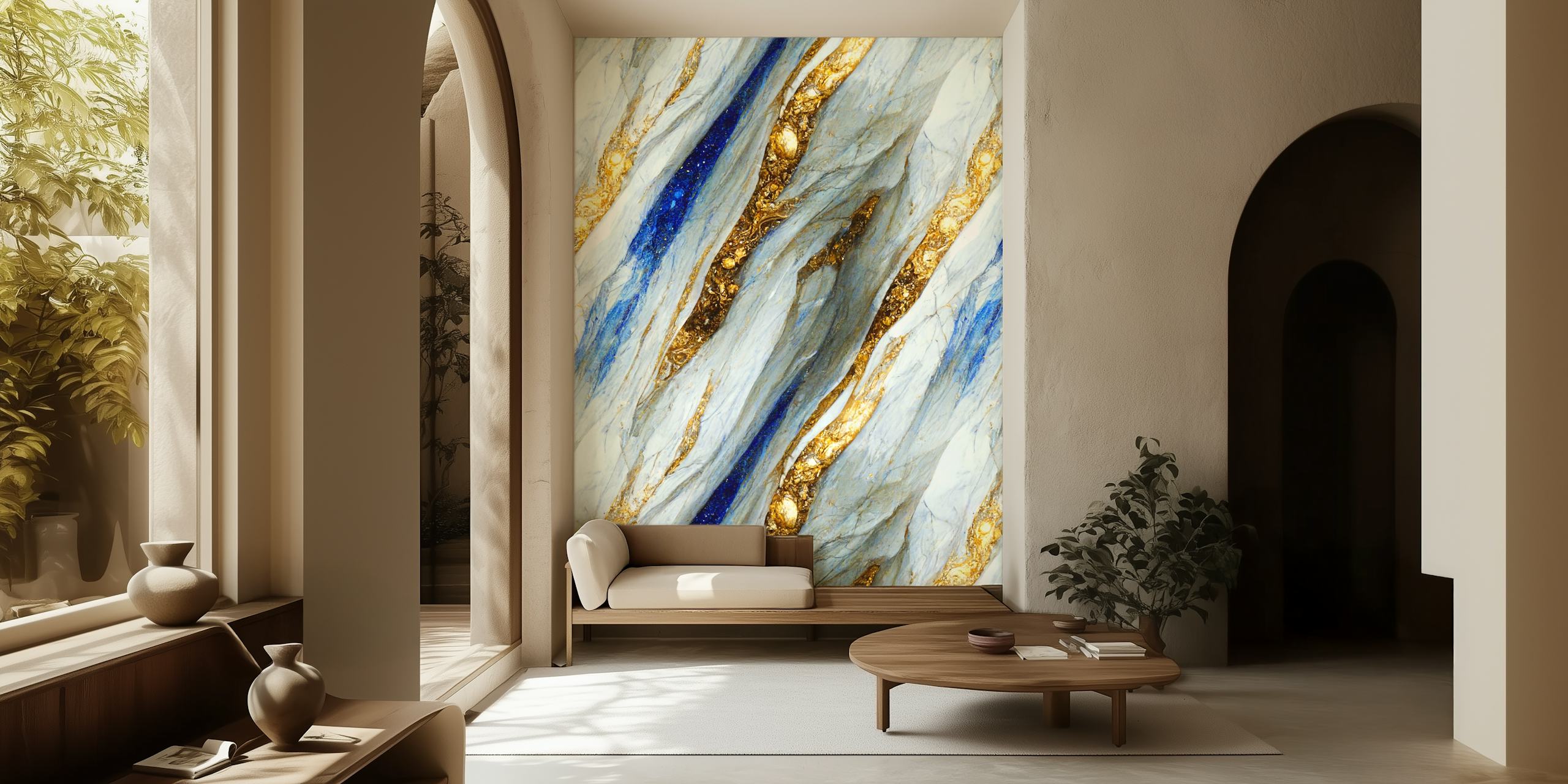 Elegantan zidni mural sa zlatnim, plavim i bijelim mramornim uzorcima koji podsjećaju na tekuće rijeke tekućeg zlata i dragog kamenja.