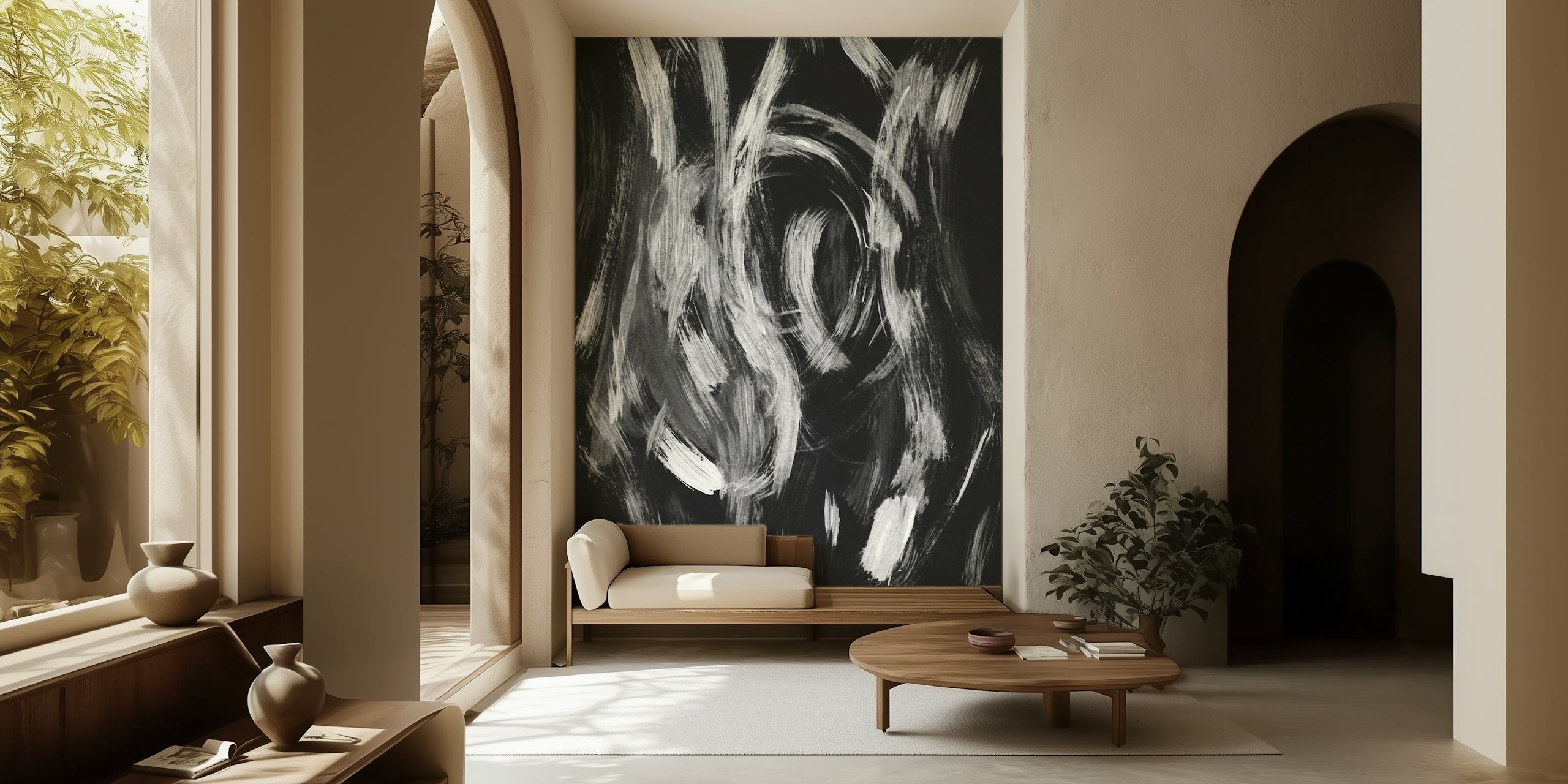 Abstract black and white paint brushstrokes wall mural