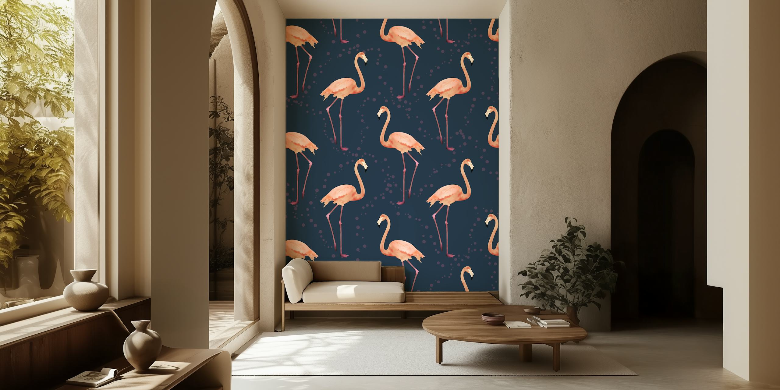 Marineblauw fotobehang met roze flamingo's in een herhalend patroon