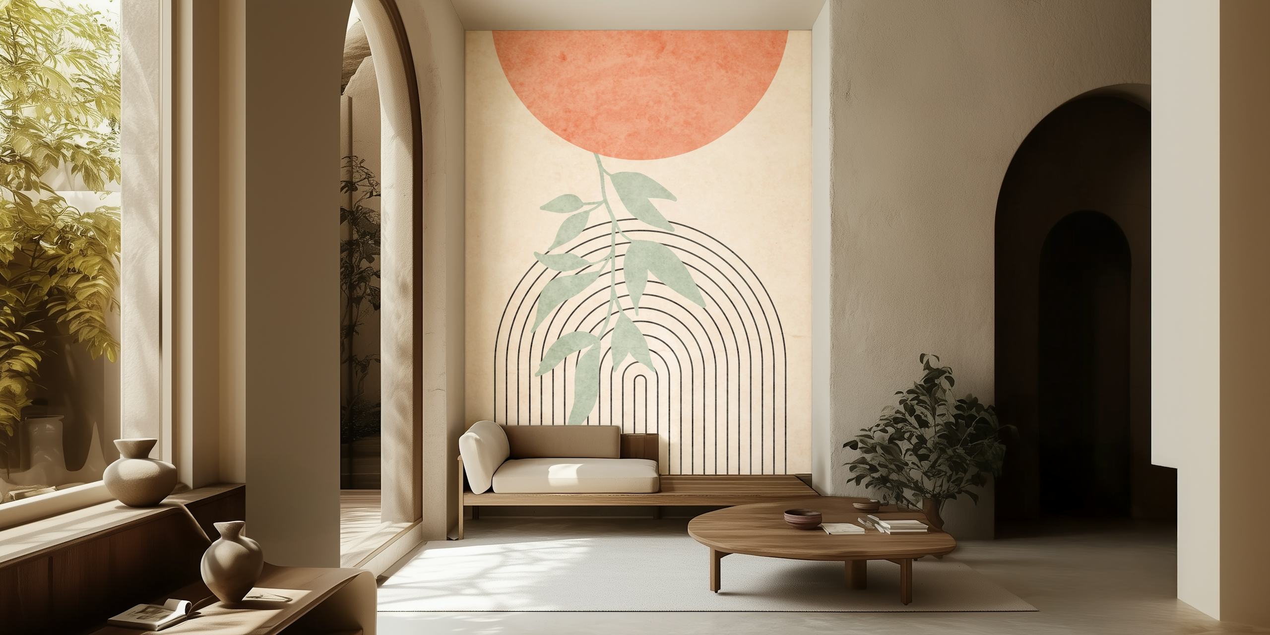 Abstract design with a large red circle, green leaves, and black lines wallpaper