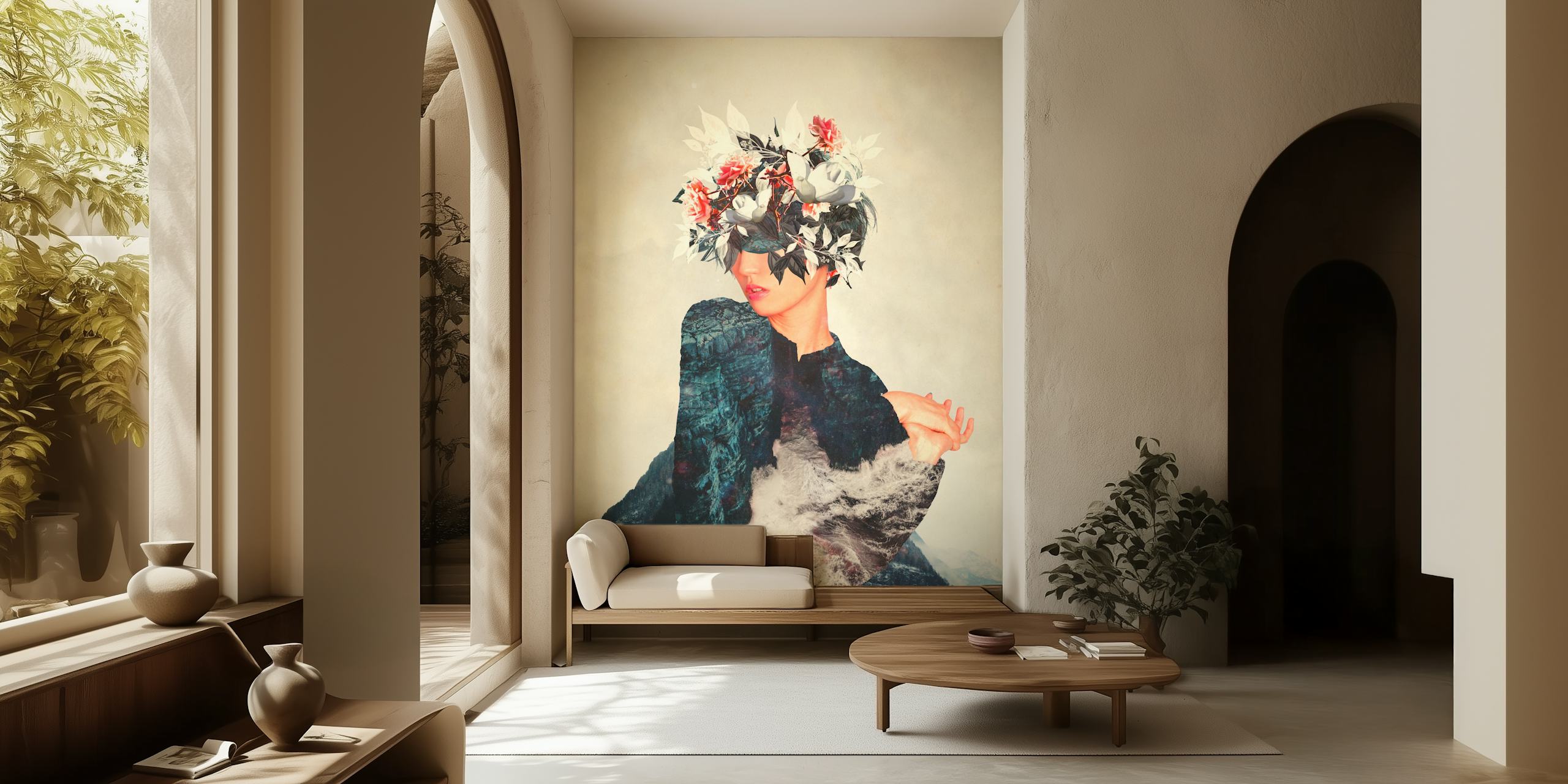 Elegant tapet med en figur med blommigt huvudstycke mot en strukturerad bakgrund