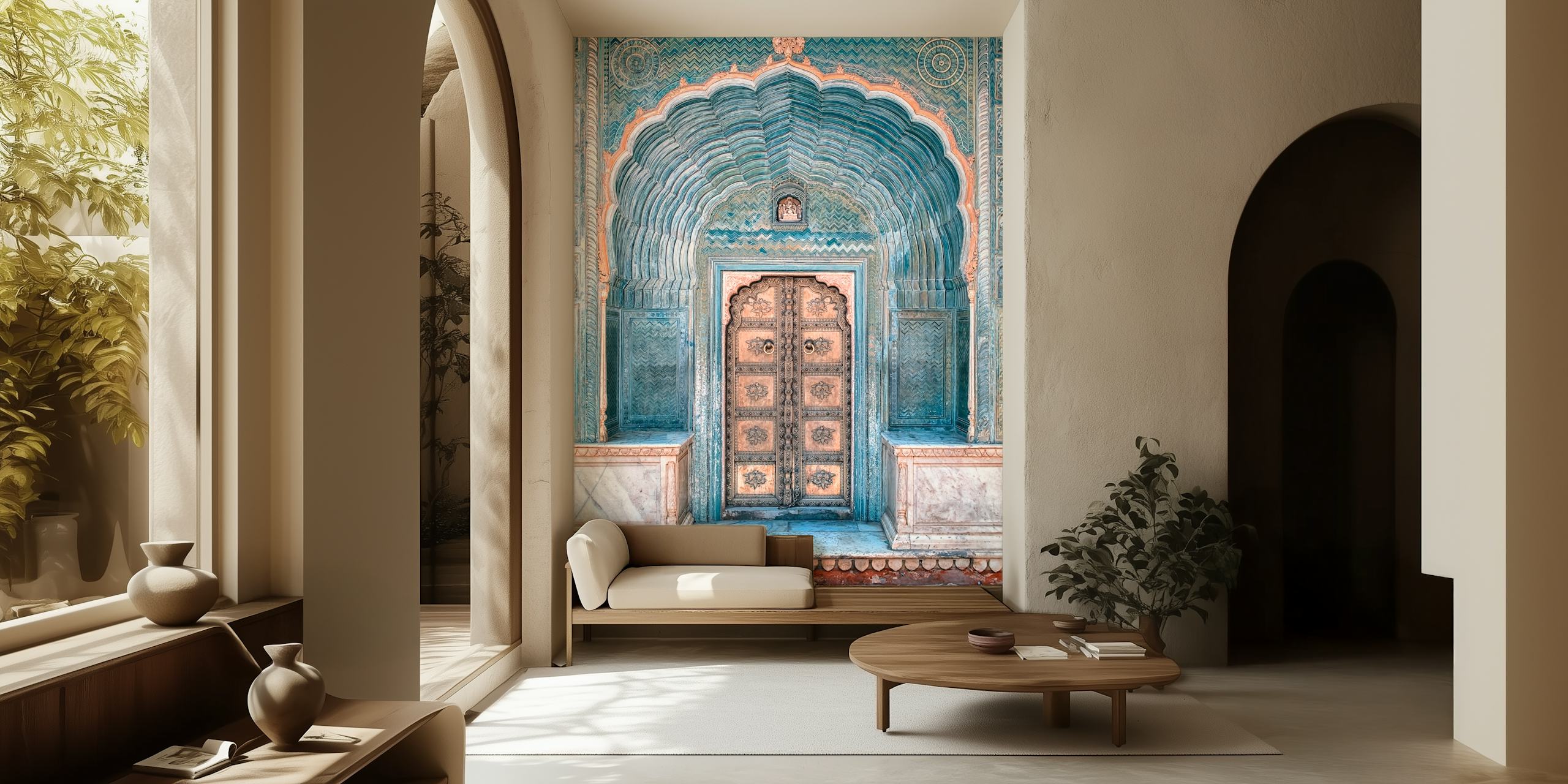 Mural de pared Indian Door con intrincados patrones turquesas y encanto histórico para decoración de interiores