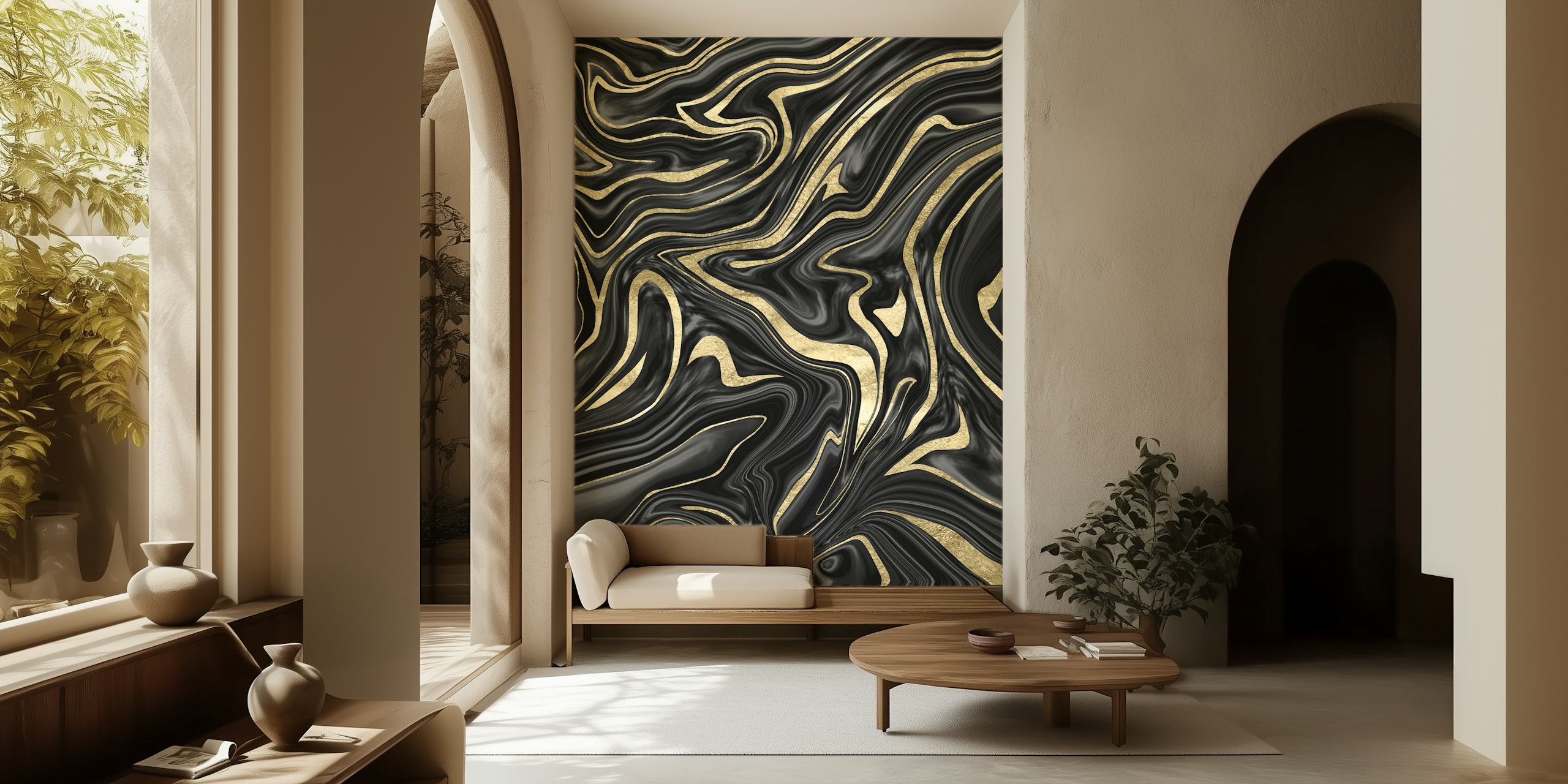Black gold abstract marble swirls wallpaper