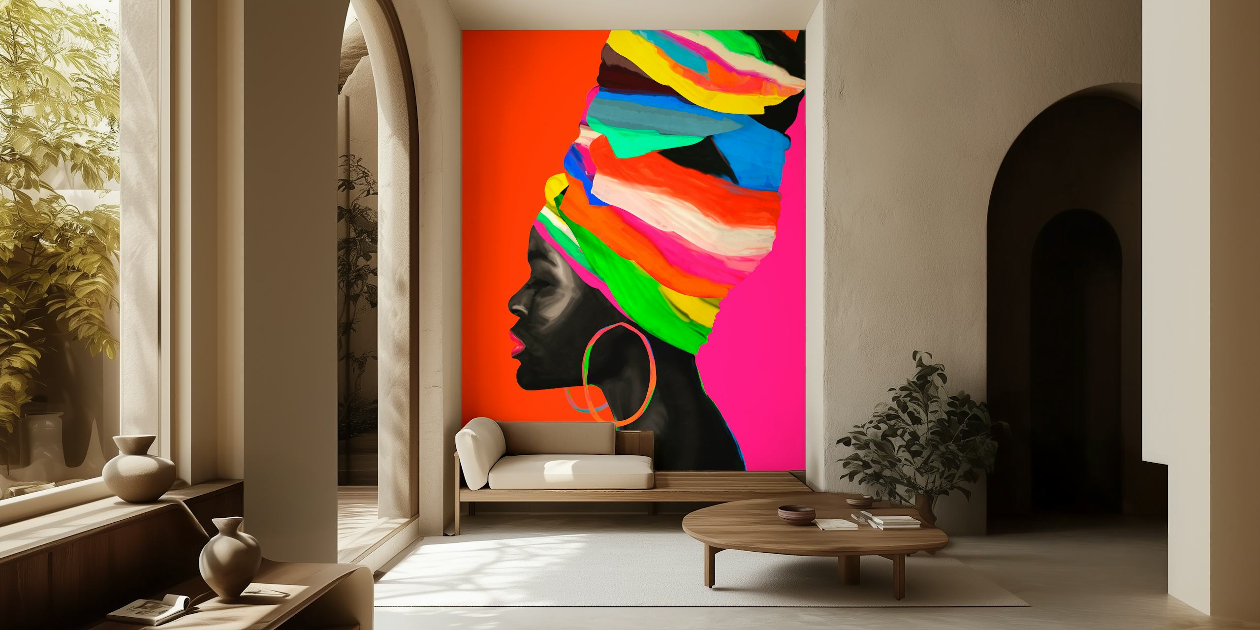 Profil kobiety w kolorowym abstrakcyjnym turbanie na fototapecie w neonowym różowym tle