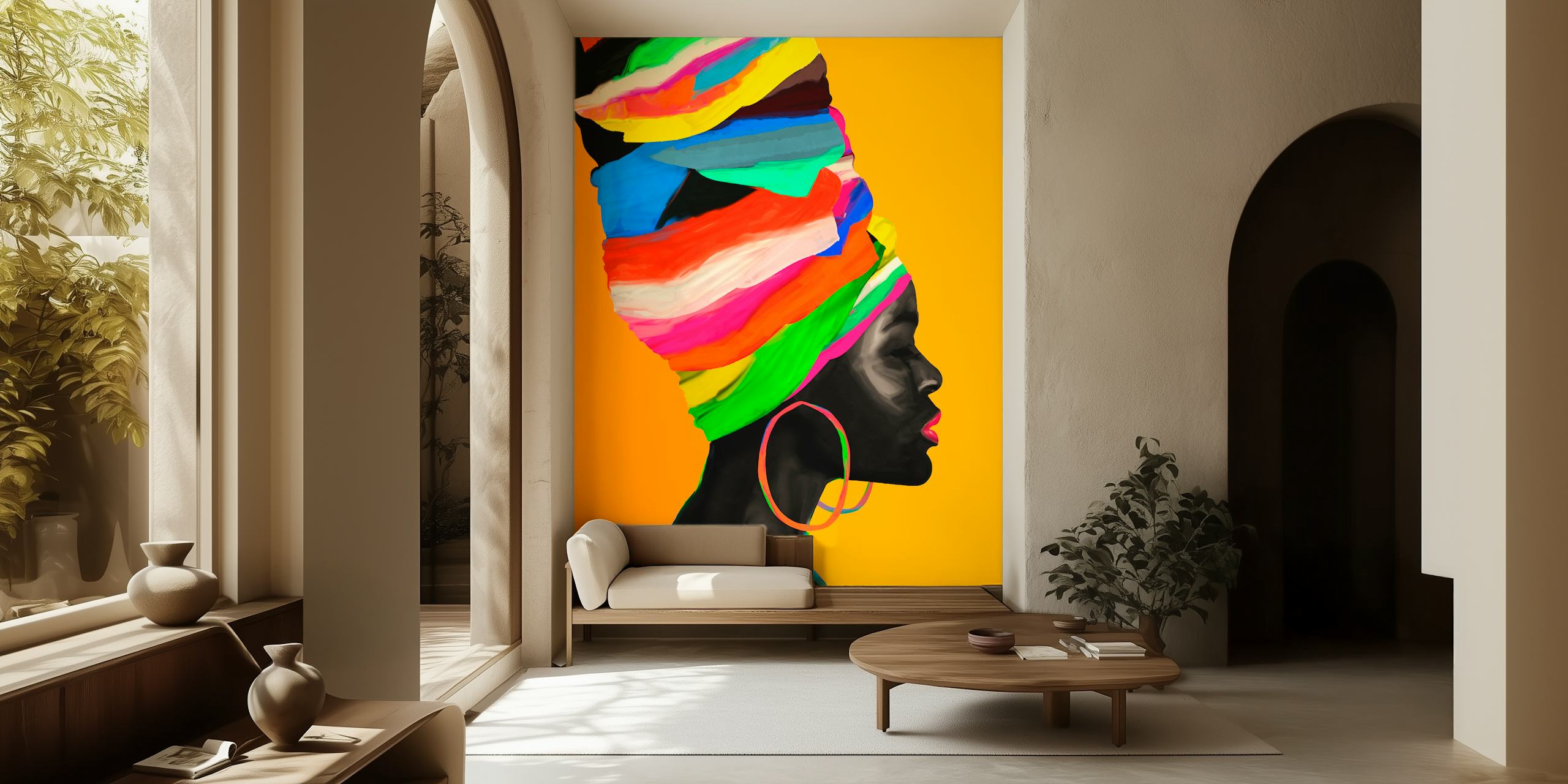 Colorful abstract mural of a woman profile with a multi-colored turban