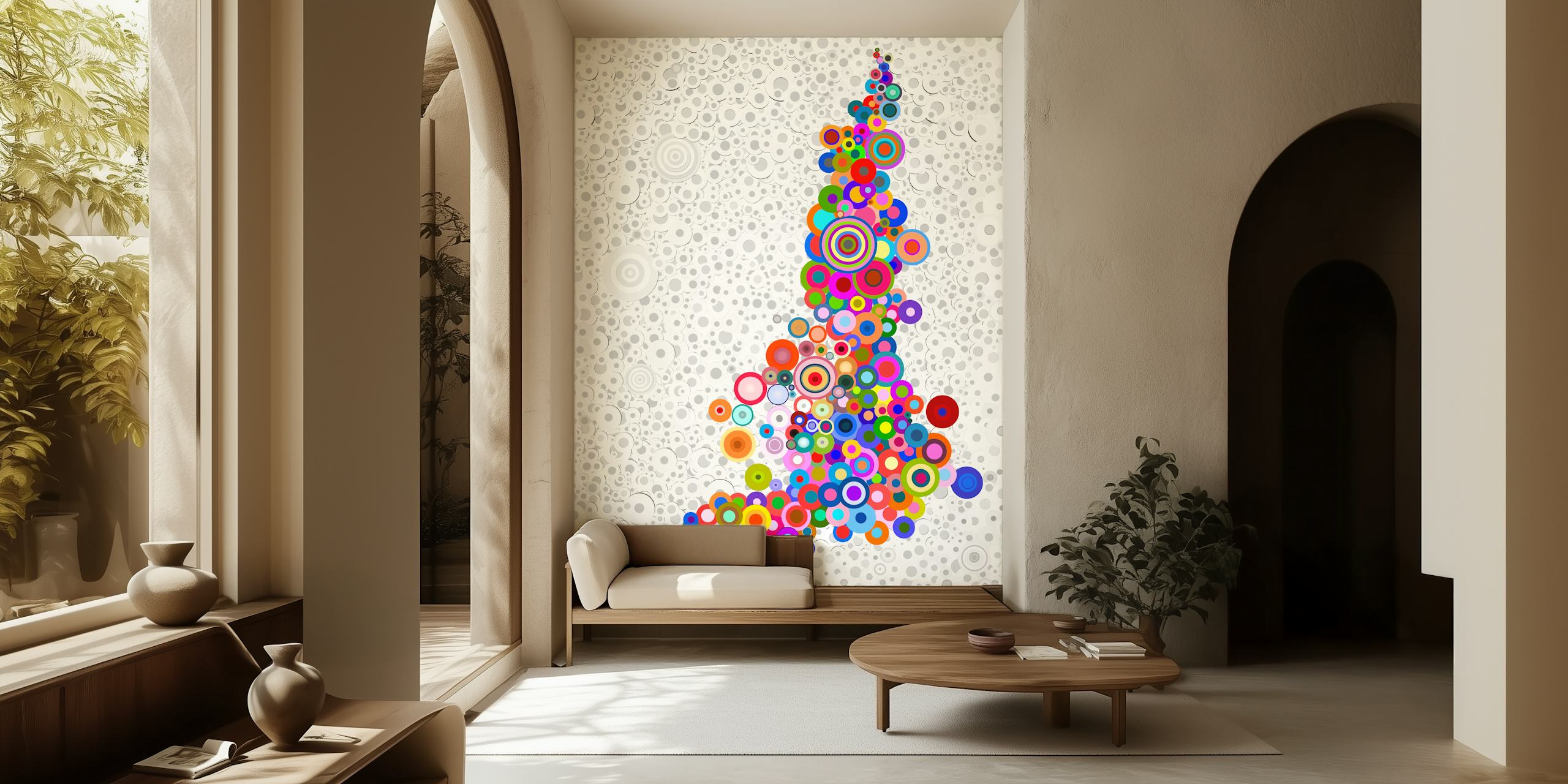 Colorful circles in various sizes and colors on a neutral background wallpaper