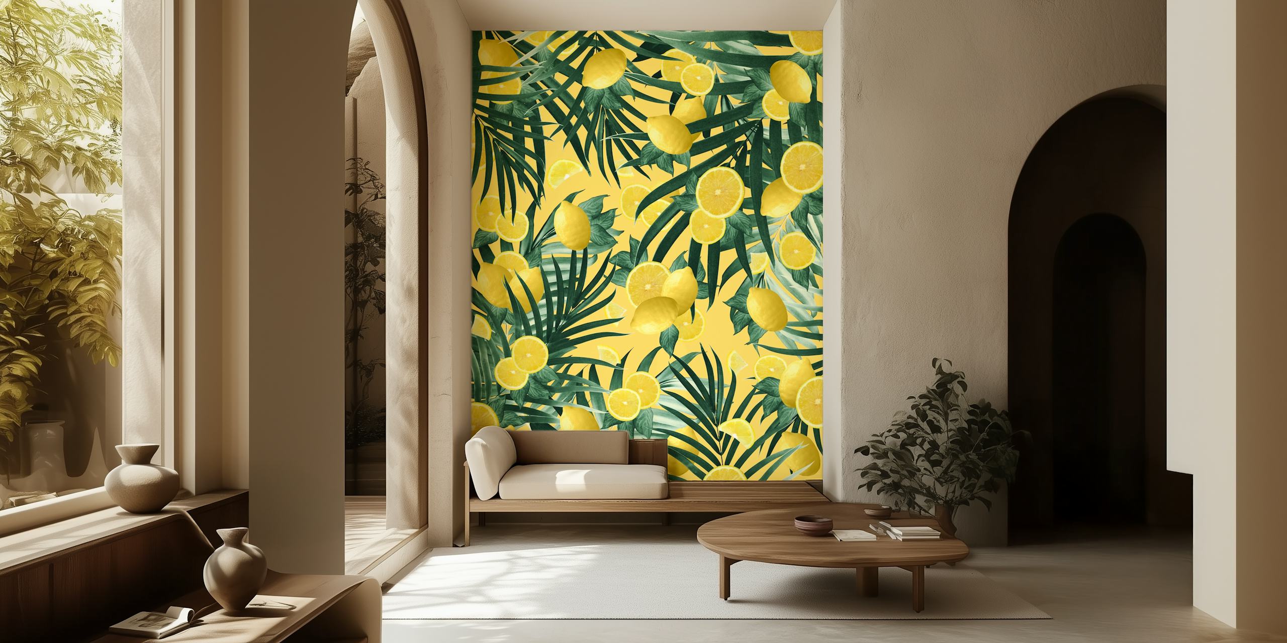 Verão Lemon Twist Jungle 3 e papel de parede de folhagem verde em um quarto