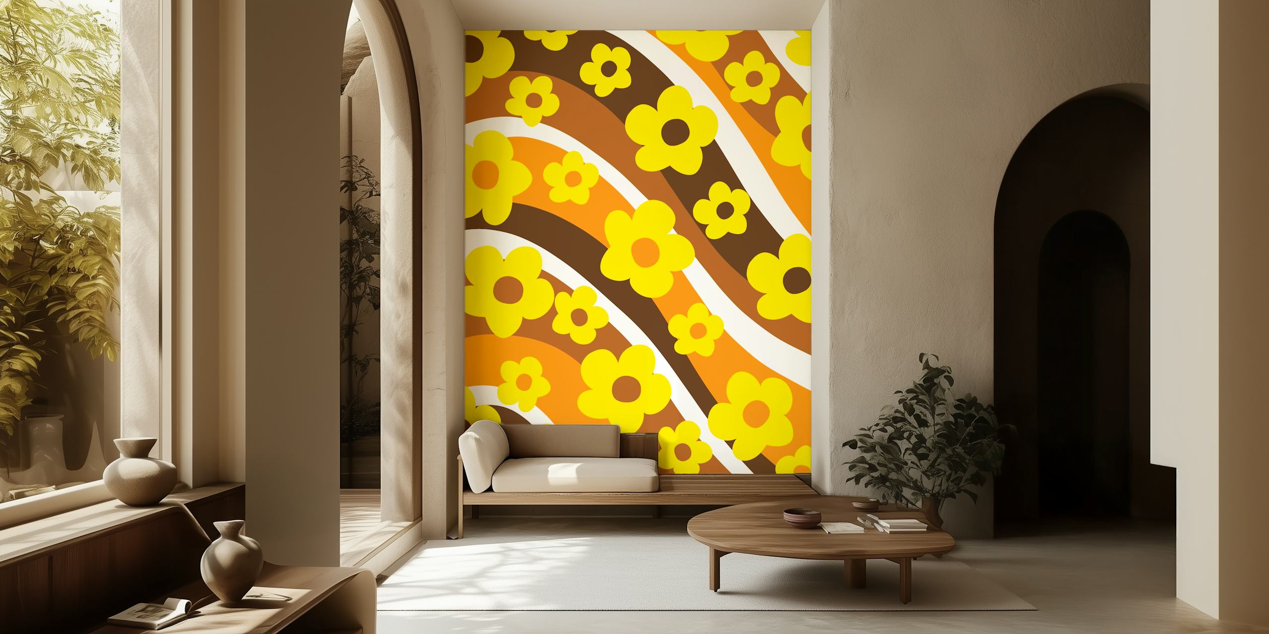 Yellow floral patterns with brown waves wallpaper