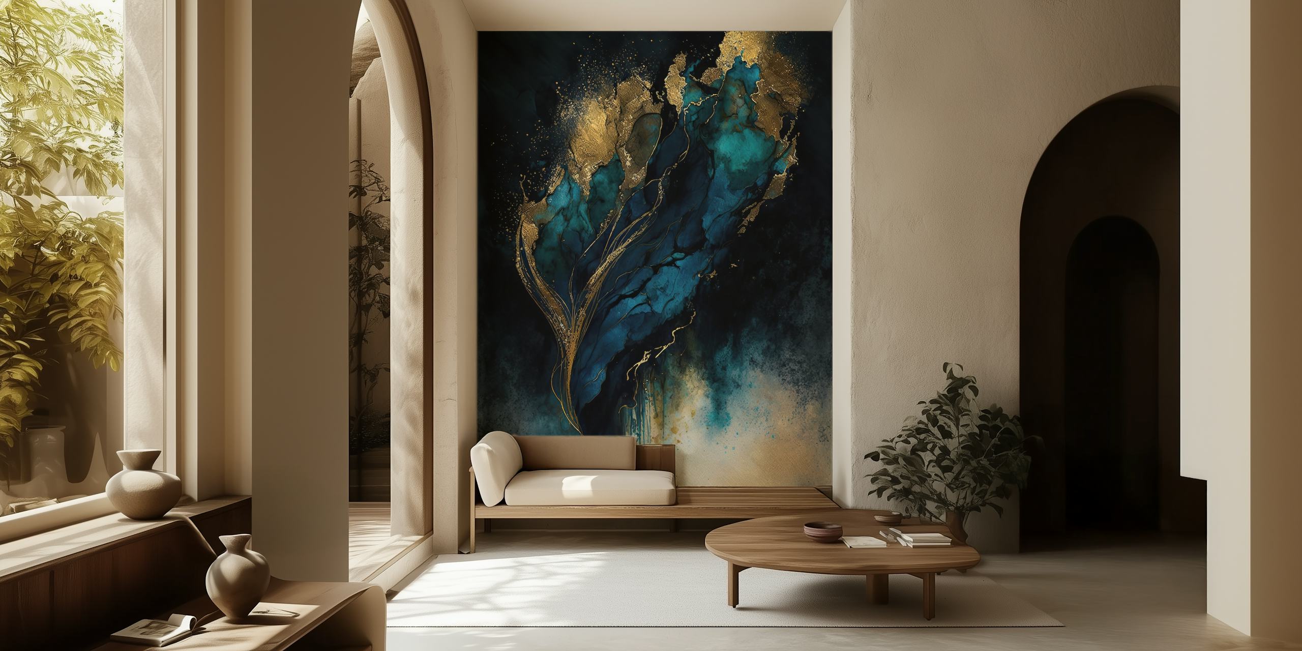 Mural de pared en cascada de pintura líquida abstracta y cambiante con azules oscuros, detalles dorados y efecto brumoso