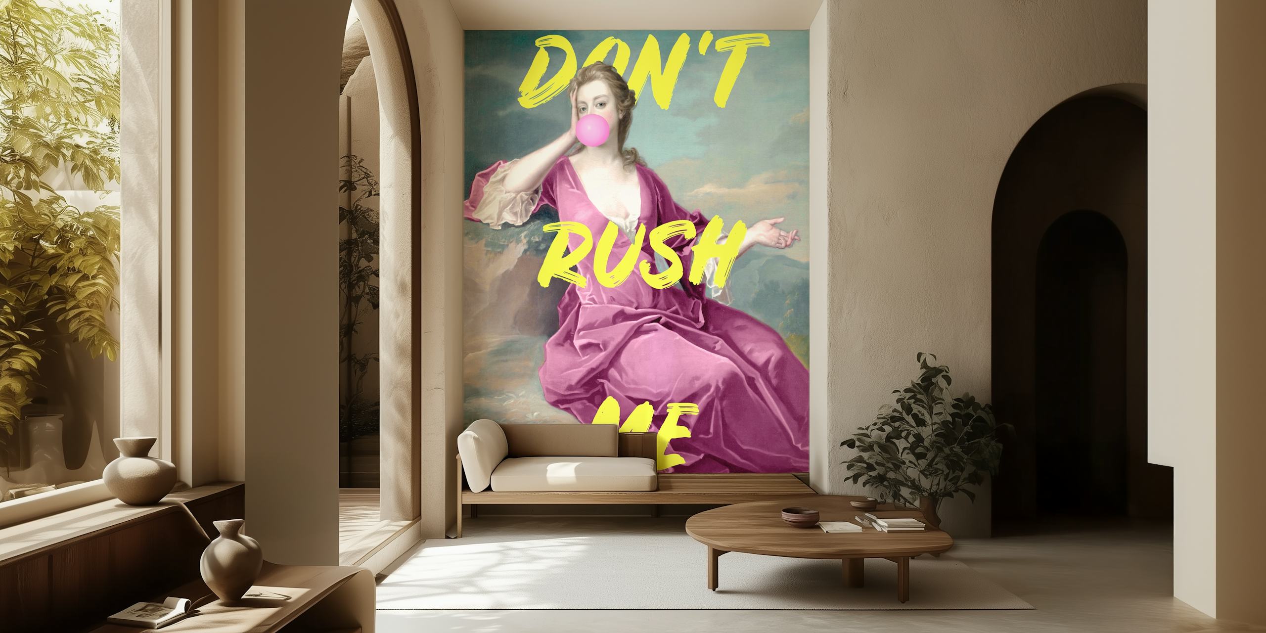 Portrait of woman with pink bubble and yellow text wallpaper